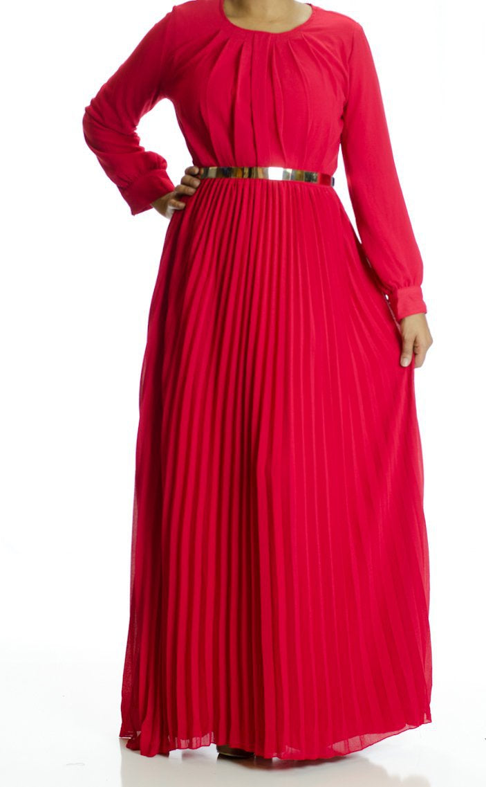 Red French Pleats Maxi Dress Kabayare