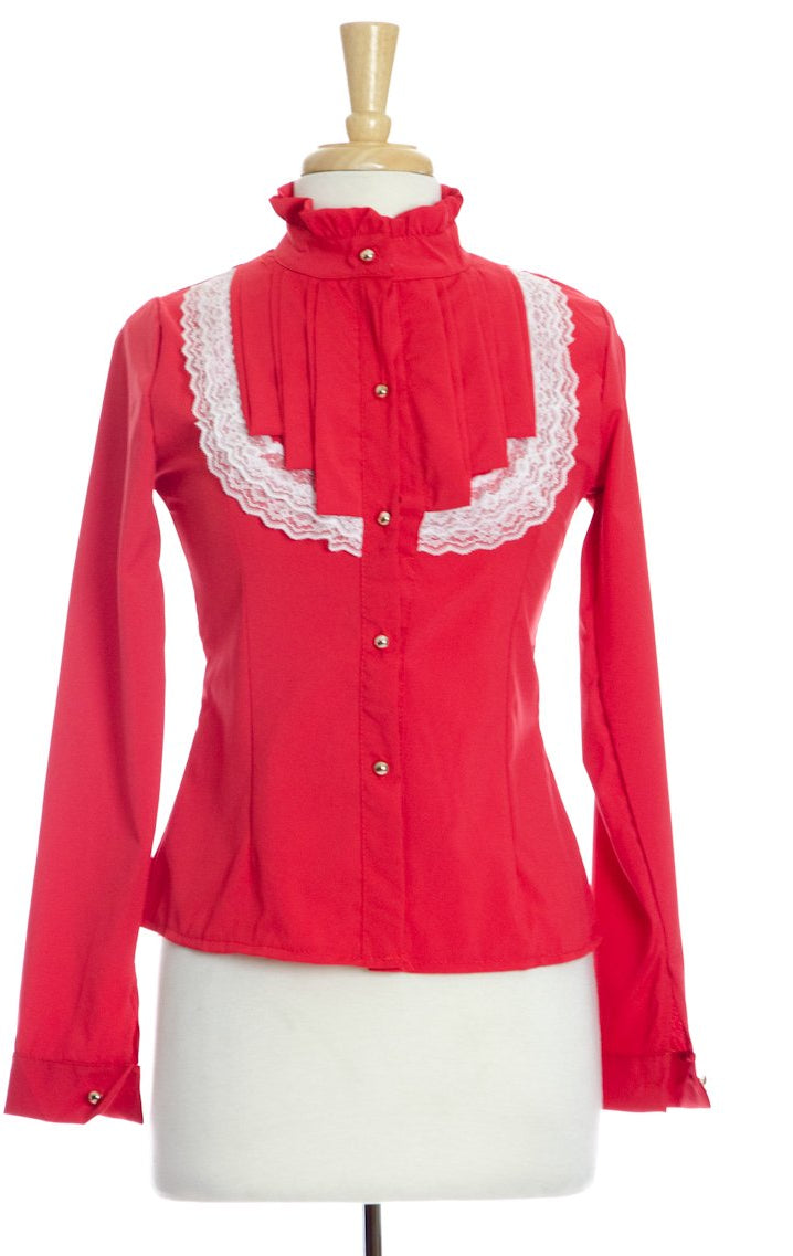 Red Lace Long Sleeve Ruffle Shirt Kabayare
