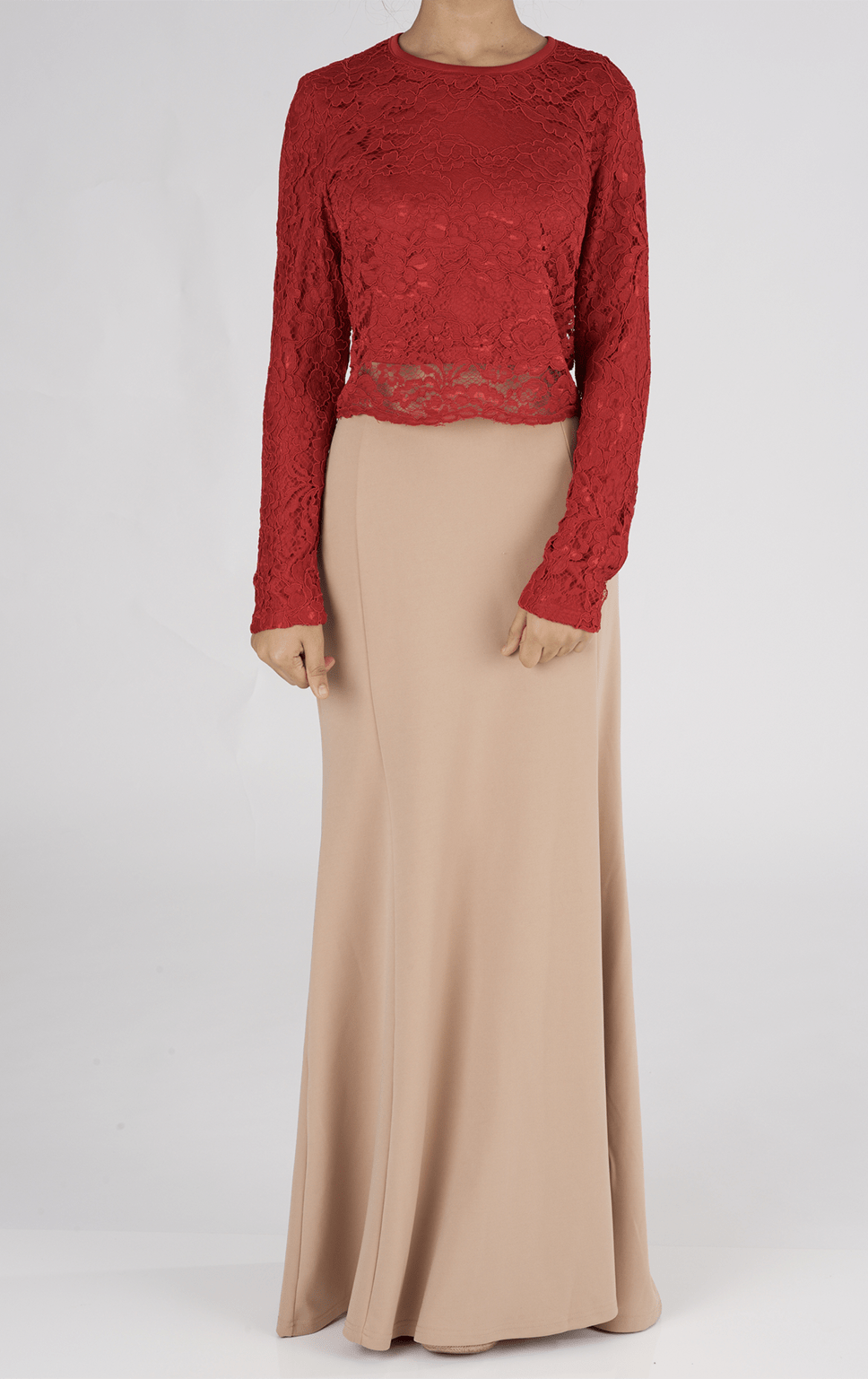 Red Long Sleeve Lace Crop Top Kabayare
