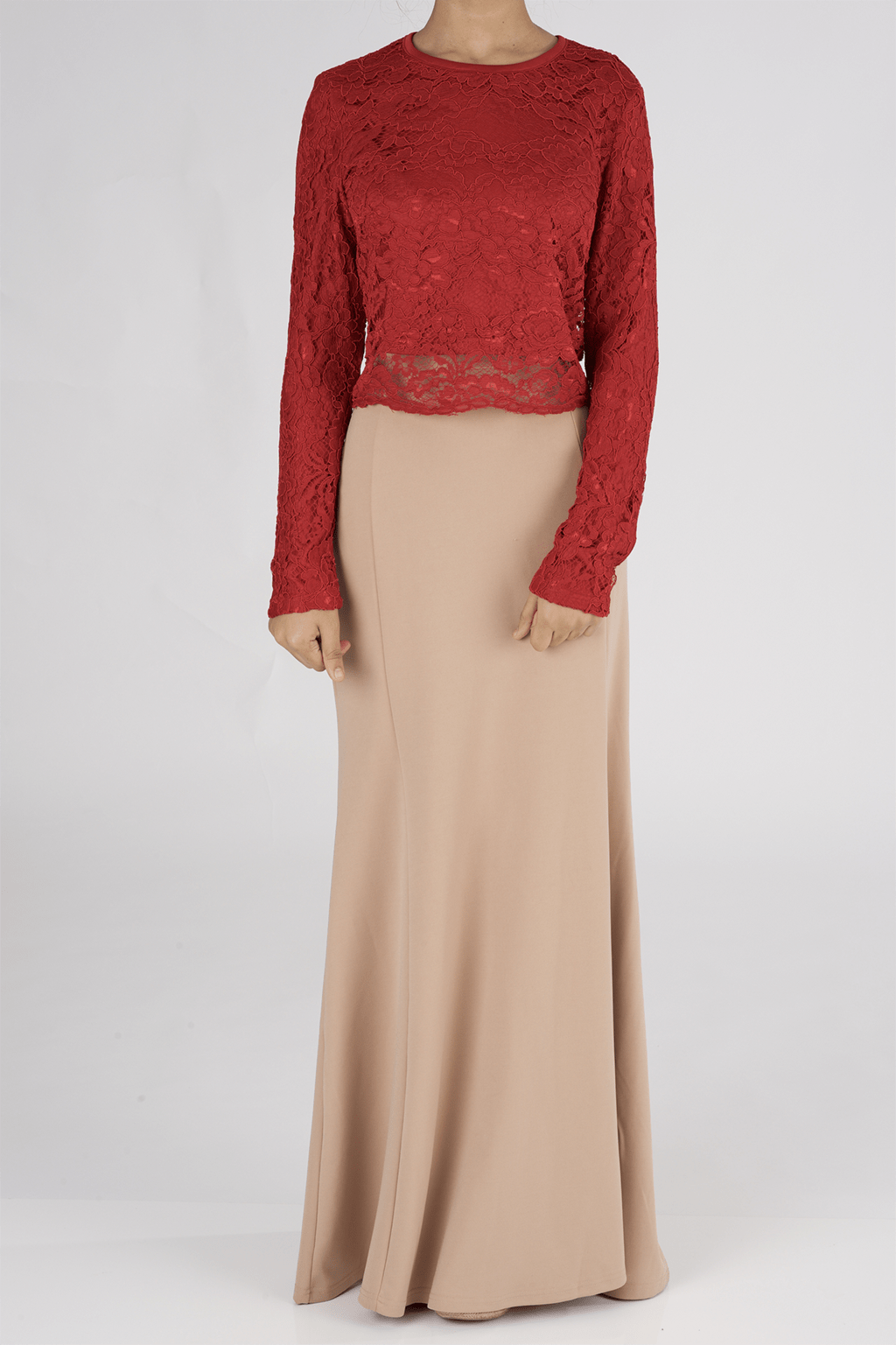 Red Long Sleeve Lace Crop Top Kabayare