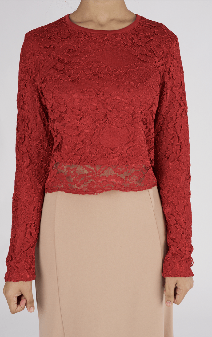 Red Long Sleeve Lace Crop Top Kabayare
