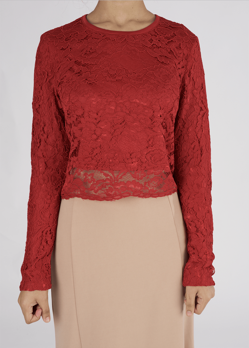Red Long Sleeve Lace Crop Top Kabayare