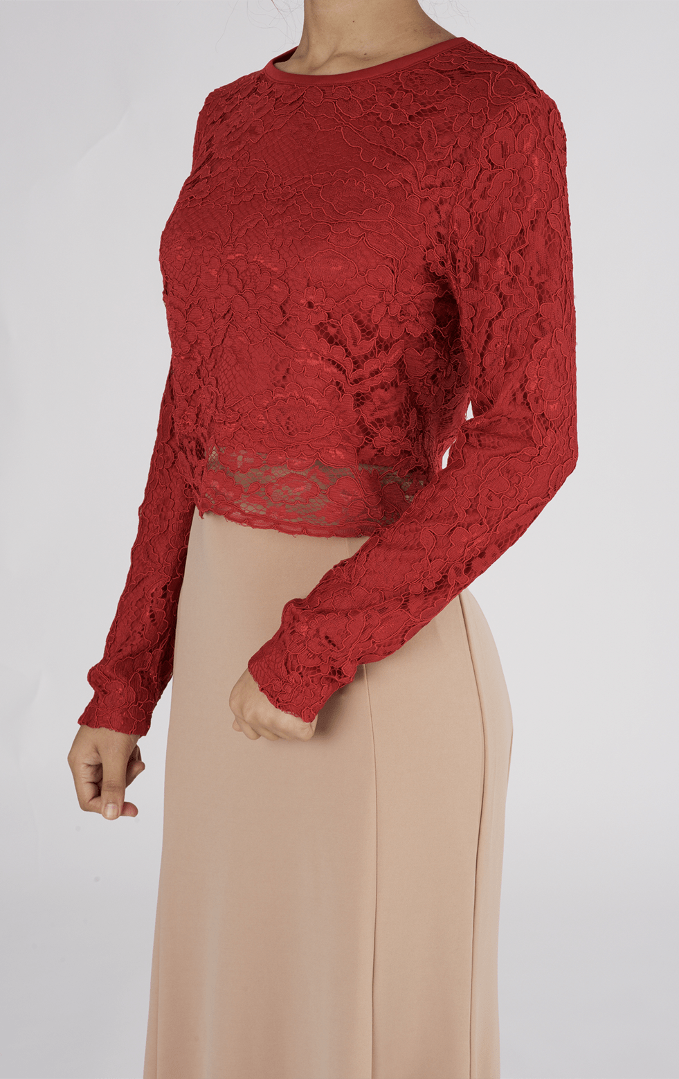 Red Long Sleeve Lace Crop Top Kabayare