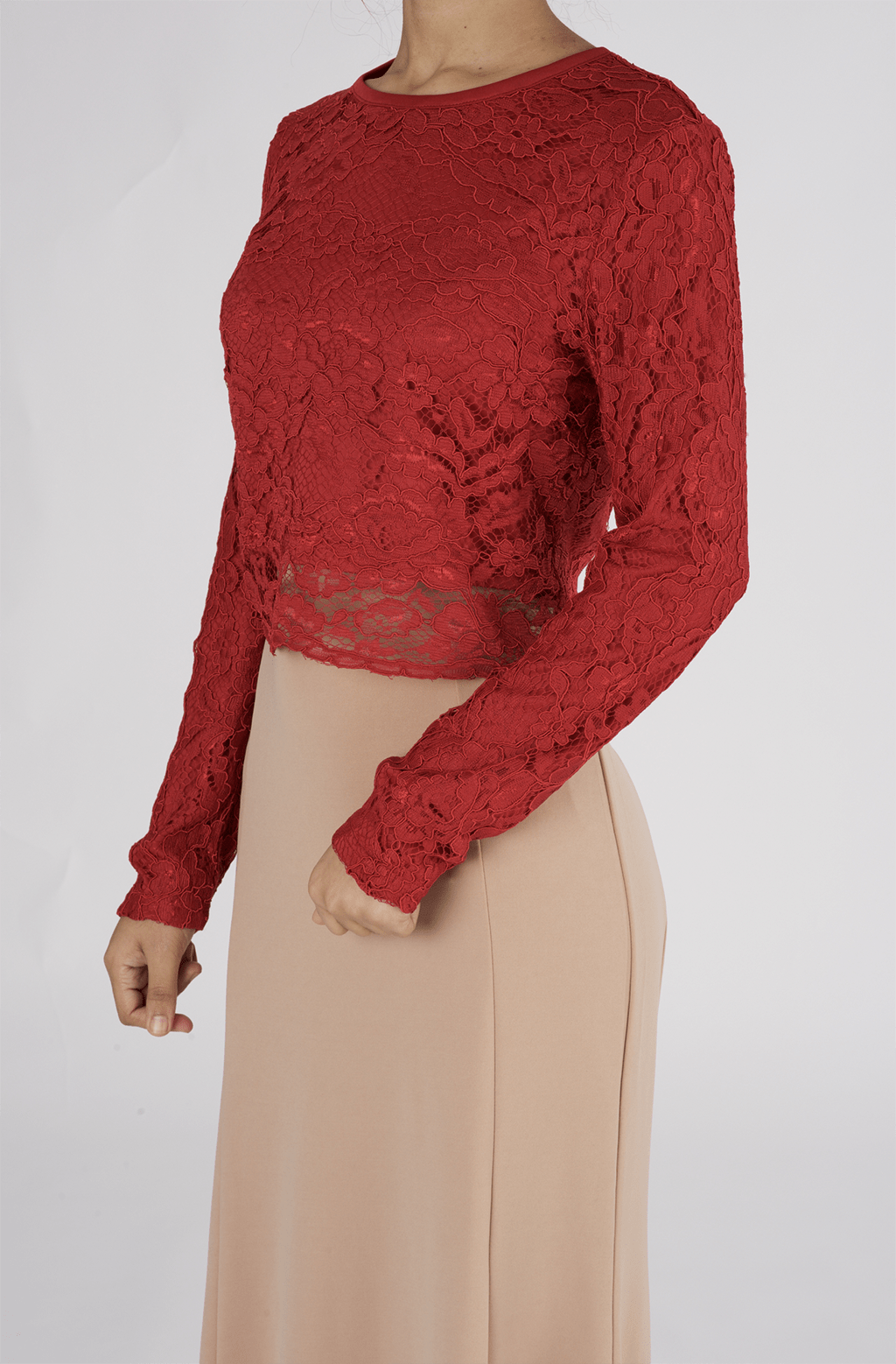 Red Long Sleeve Lace Crop Top Kabayare