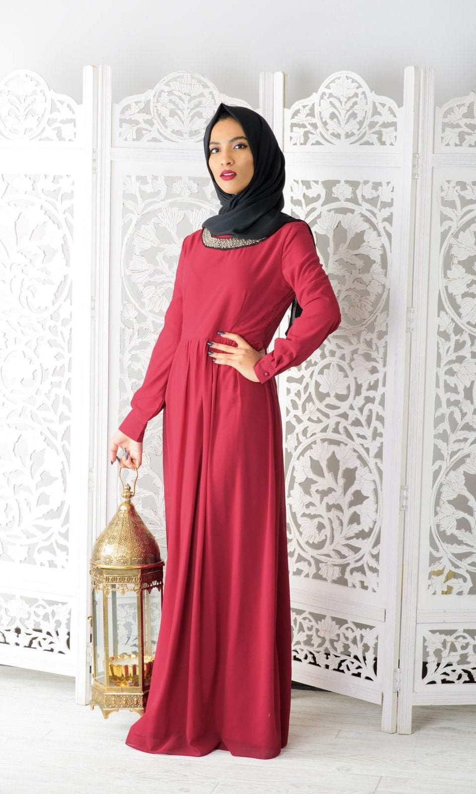 Red Neck Beaded Maxi Dress Kabayare