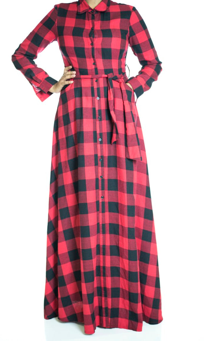 Red Plaid Maxi Dress Kabayare