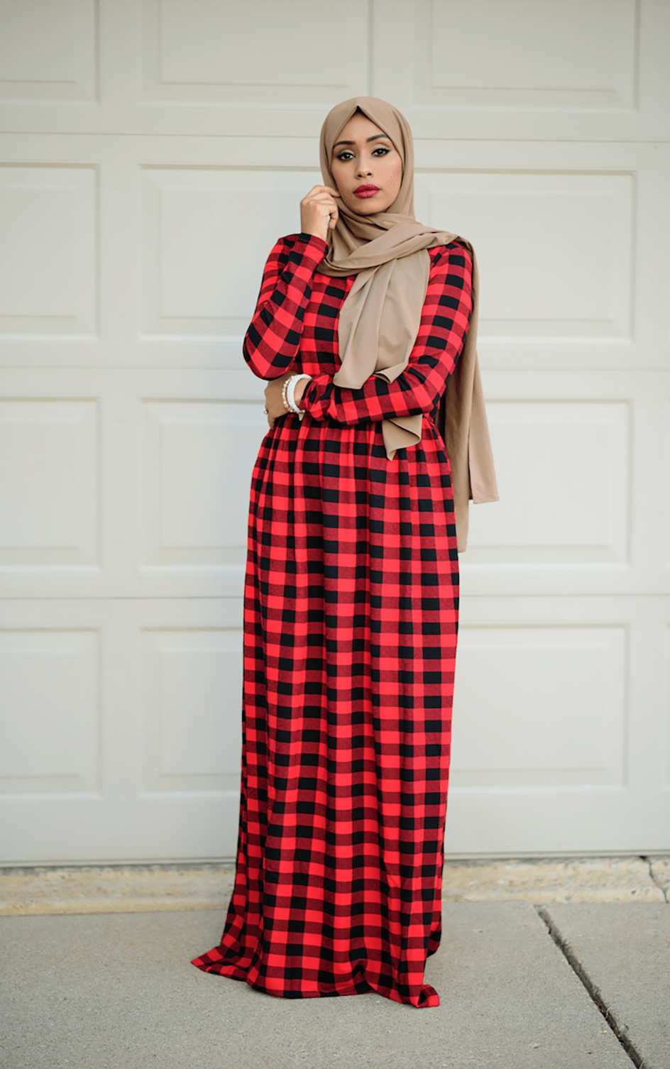 Red Plaid Textured Print Dress Kabayare