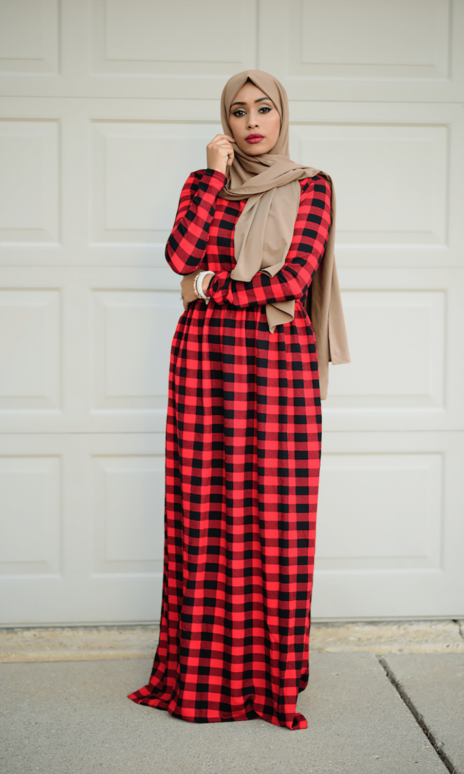 Red Plaid Textured Print Dress Kabayare