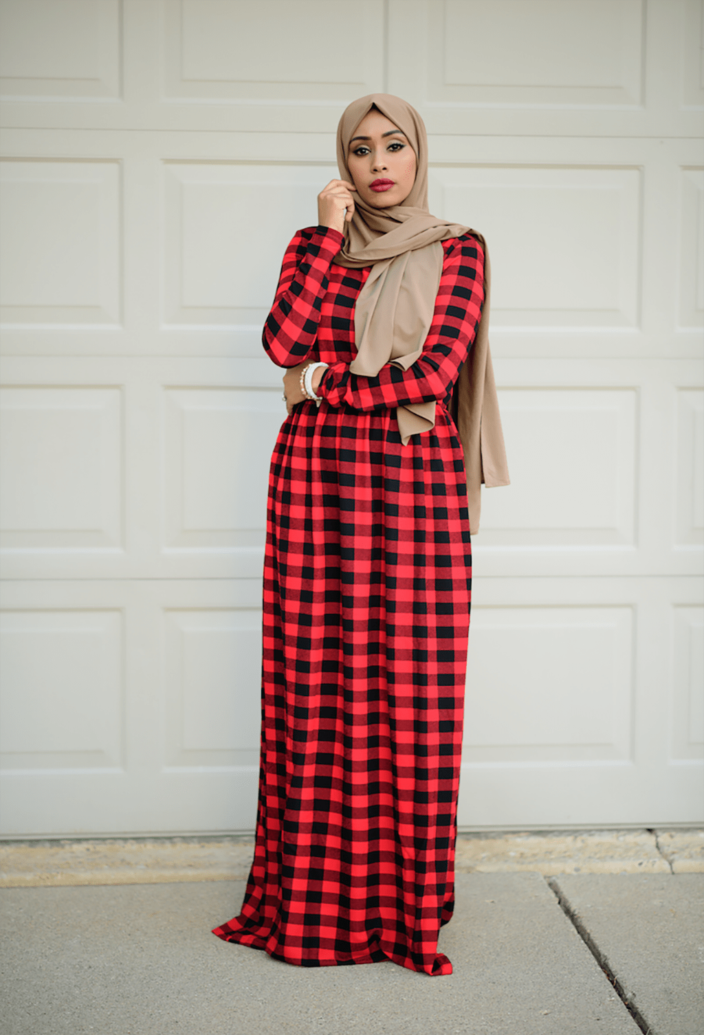 Red Plaid Textured Print Dress Kabayare