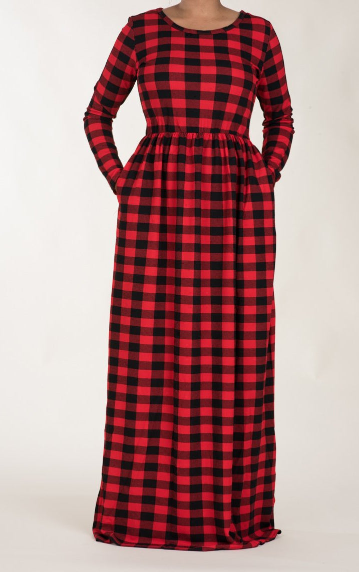 Red Plaid Textured Print Dress Kabayare