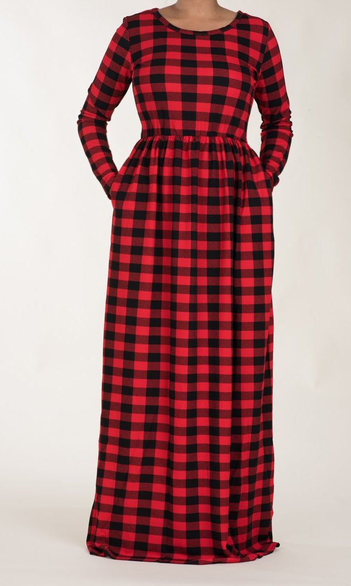 Red Plaid Textured Print Dress Kabayare