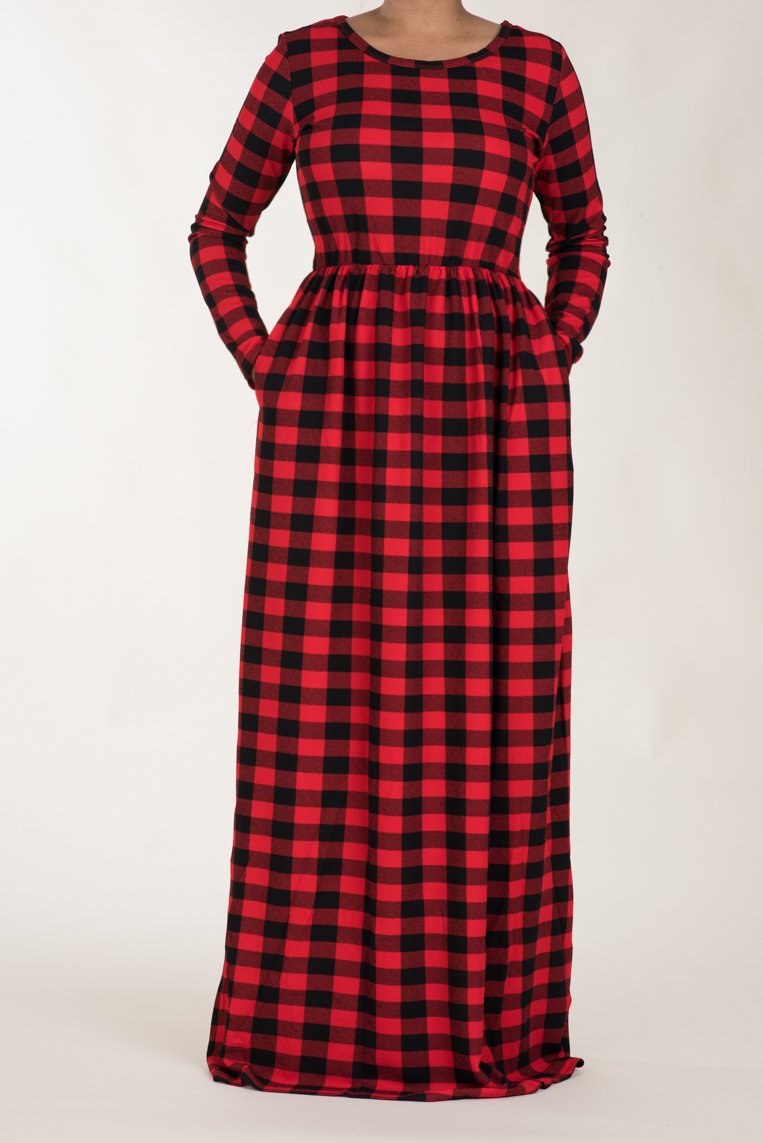 Red Plaid Textured Print Dress Kabayare