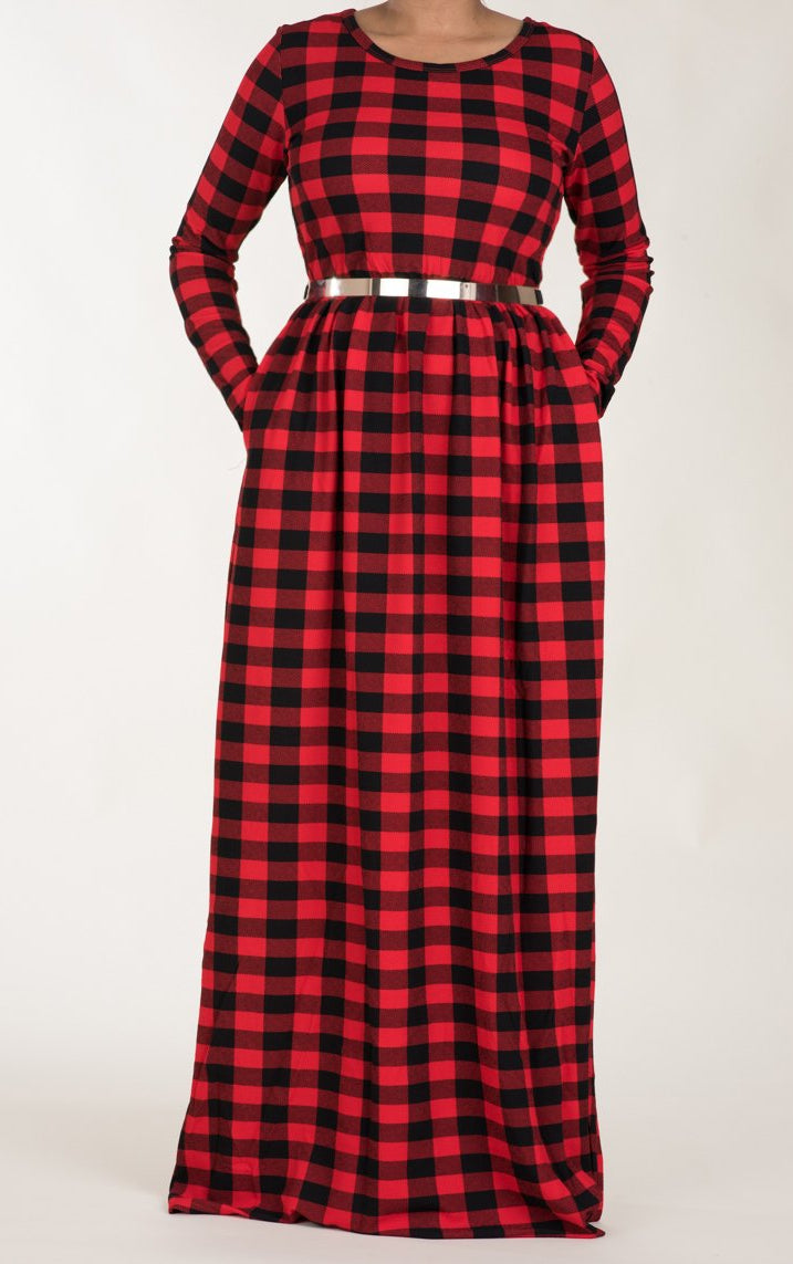 Red Plaid Textured Print Dress Kabayare