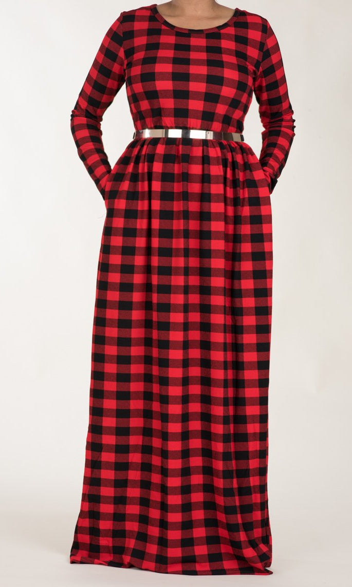 Red Plaid Textured Print Dress Kabayare