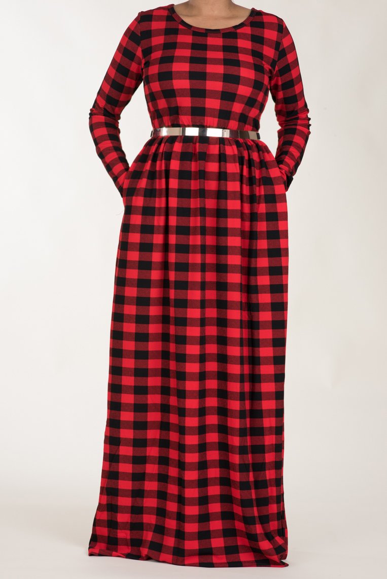 Red Plaid Textured Print Dress Kabayare
