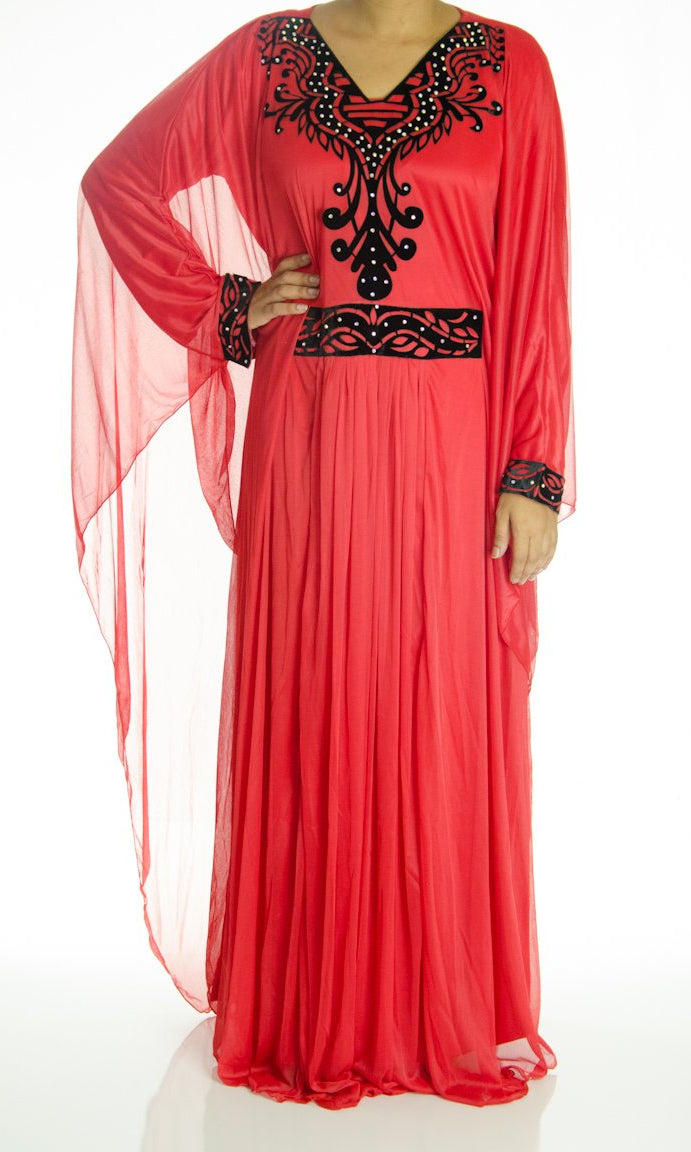 Red Velvet Vine Kaftan Dress Kabayare