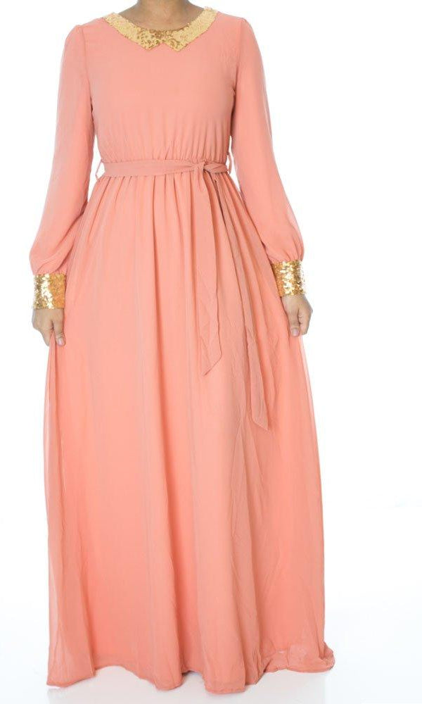 Salmon Sequin Bow maxi dress Kabayare