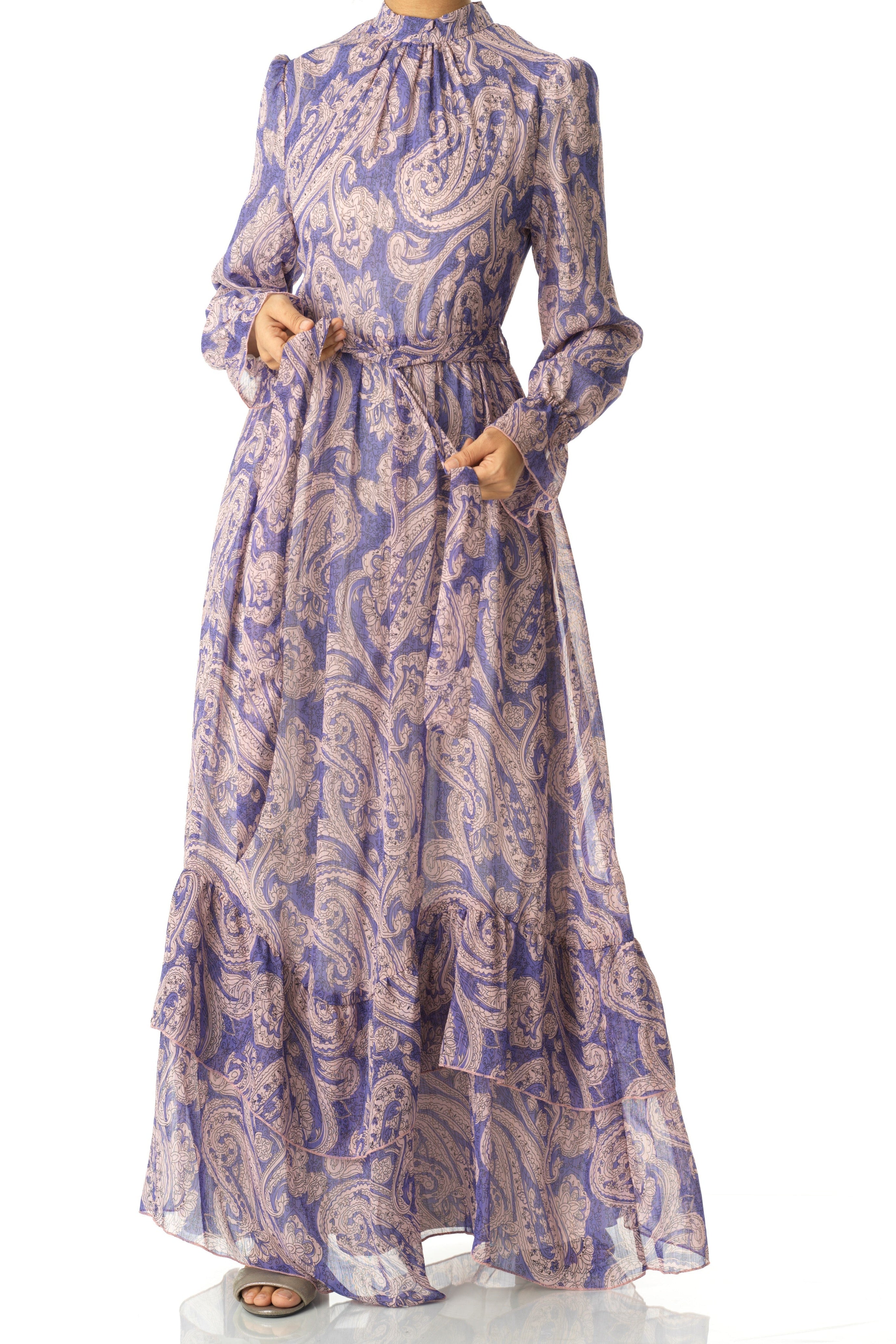 shades of lavender and paisley print modest maxi dress Kabayare
