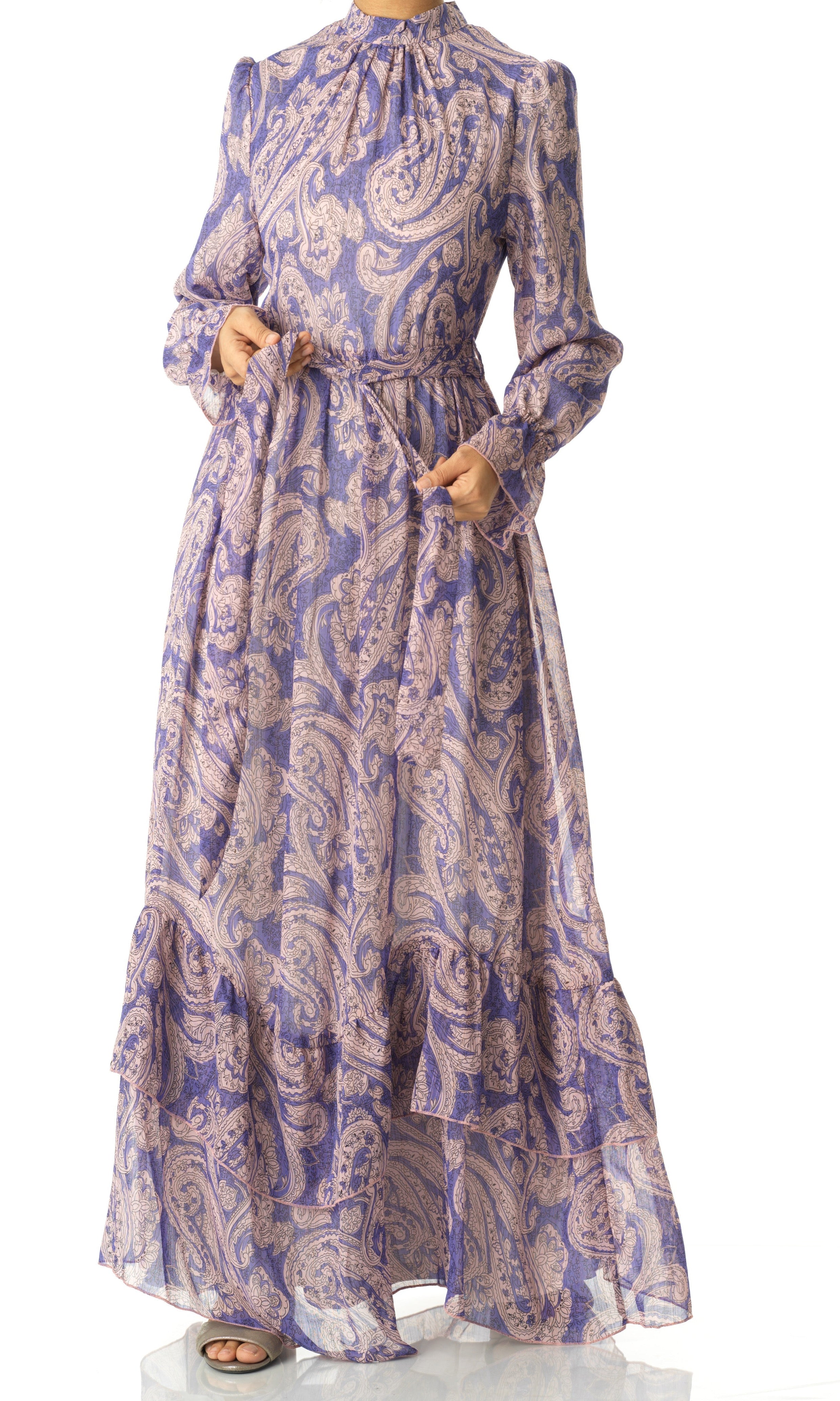 shades of lavender and paisley print modest maxi dress Kabayare