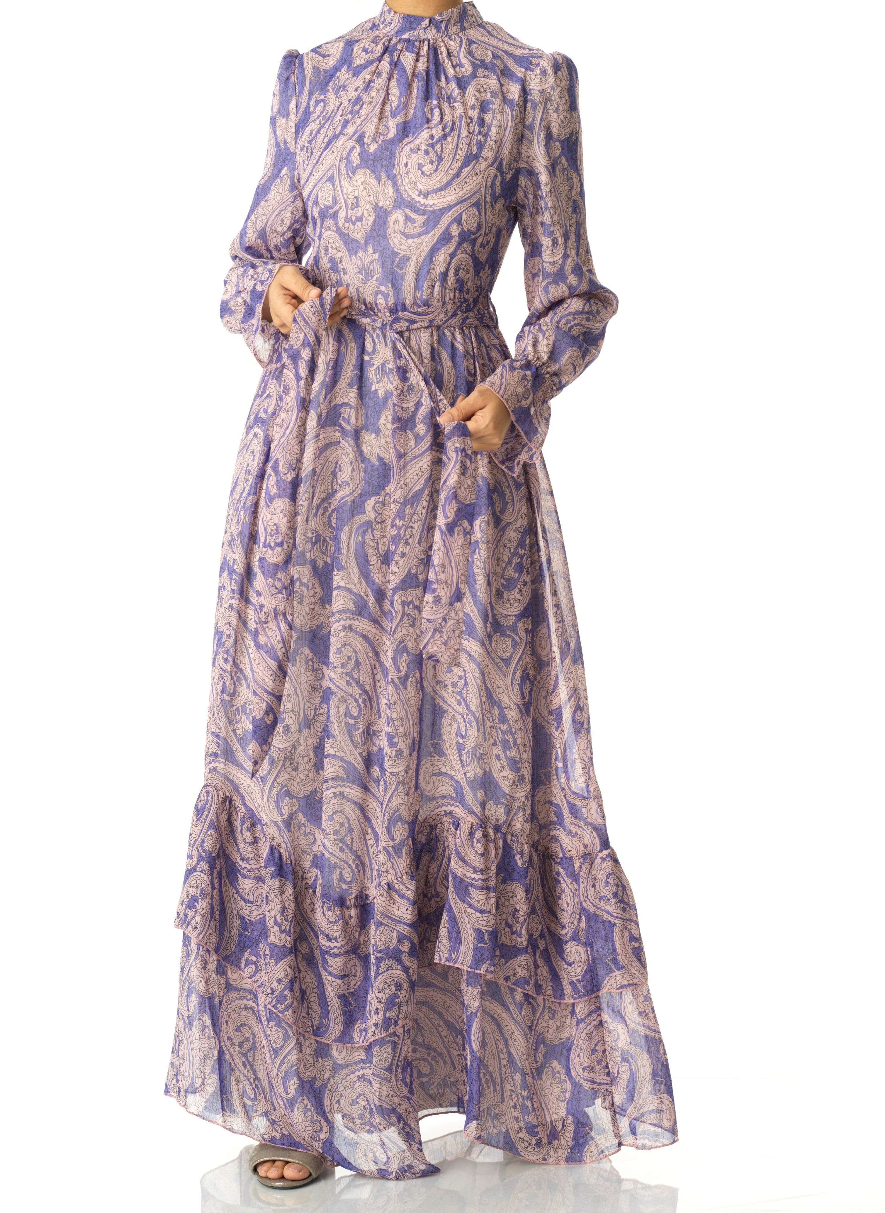 shades of lavender and paisley print modest maxi dress Kabayare