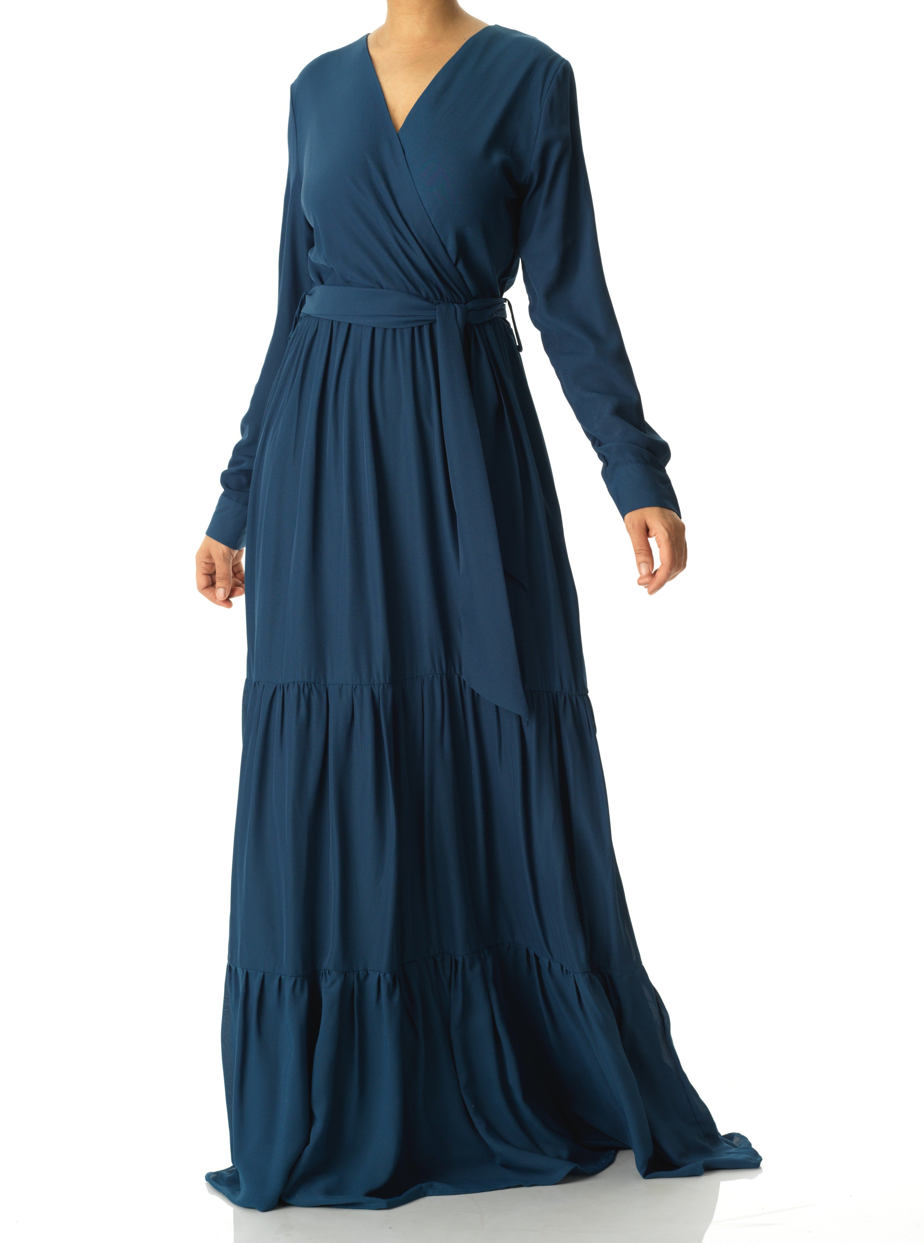 Solid V-neck chiffon tiered maxi dress Kabayare