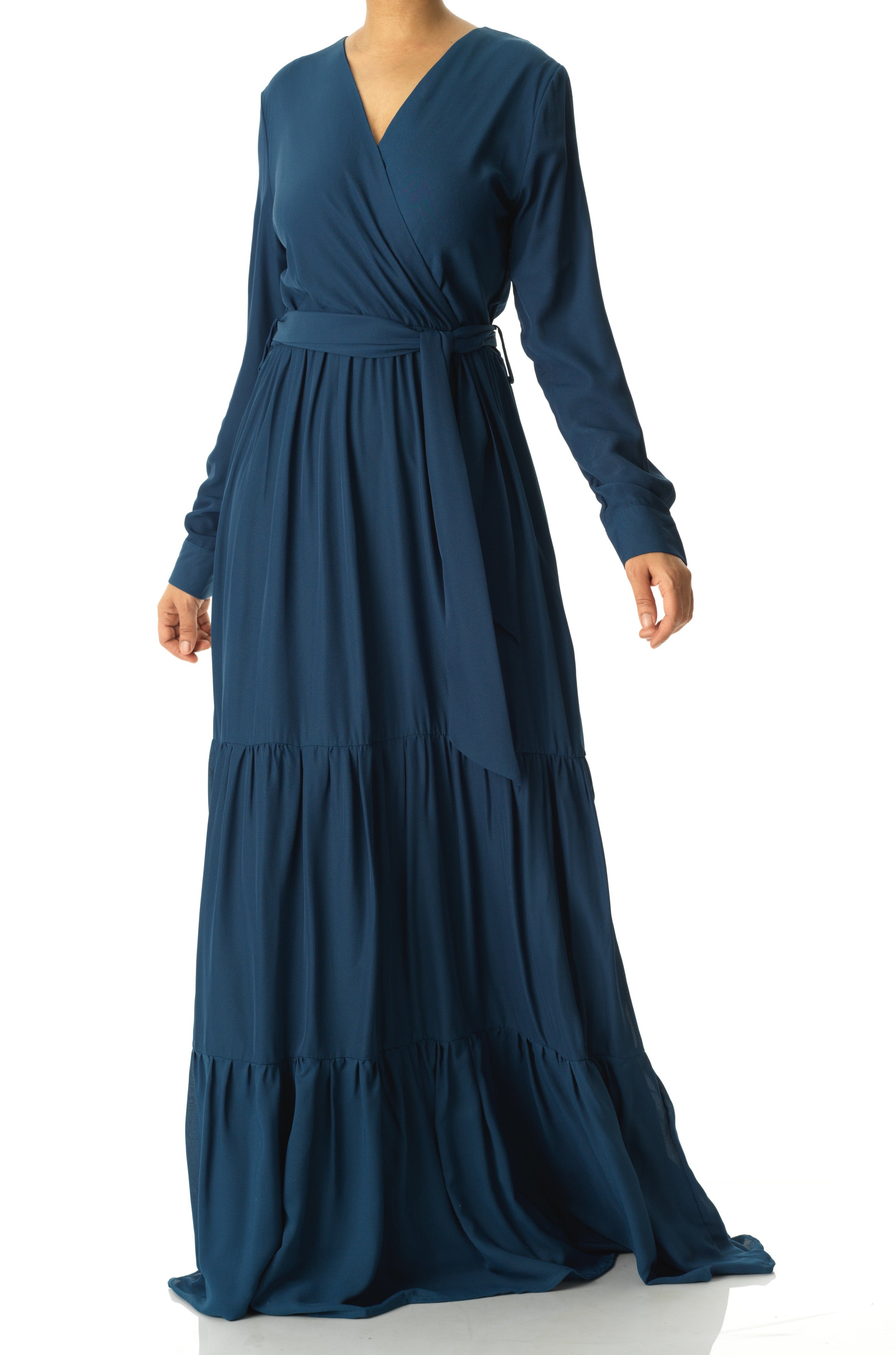 Solid V-neck chiffon tiered maxi dress Kabayare