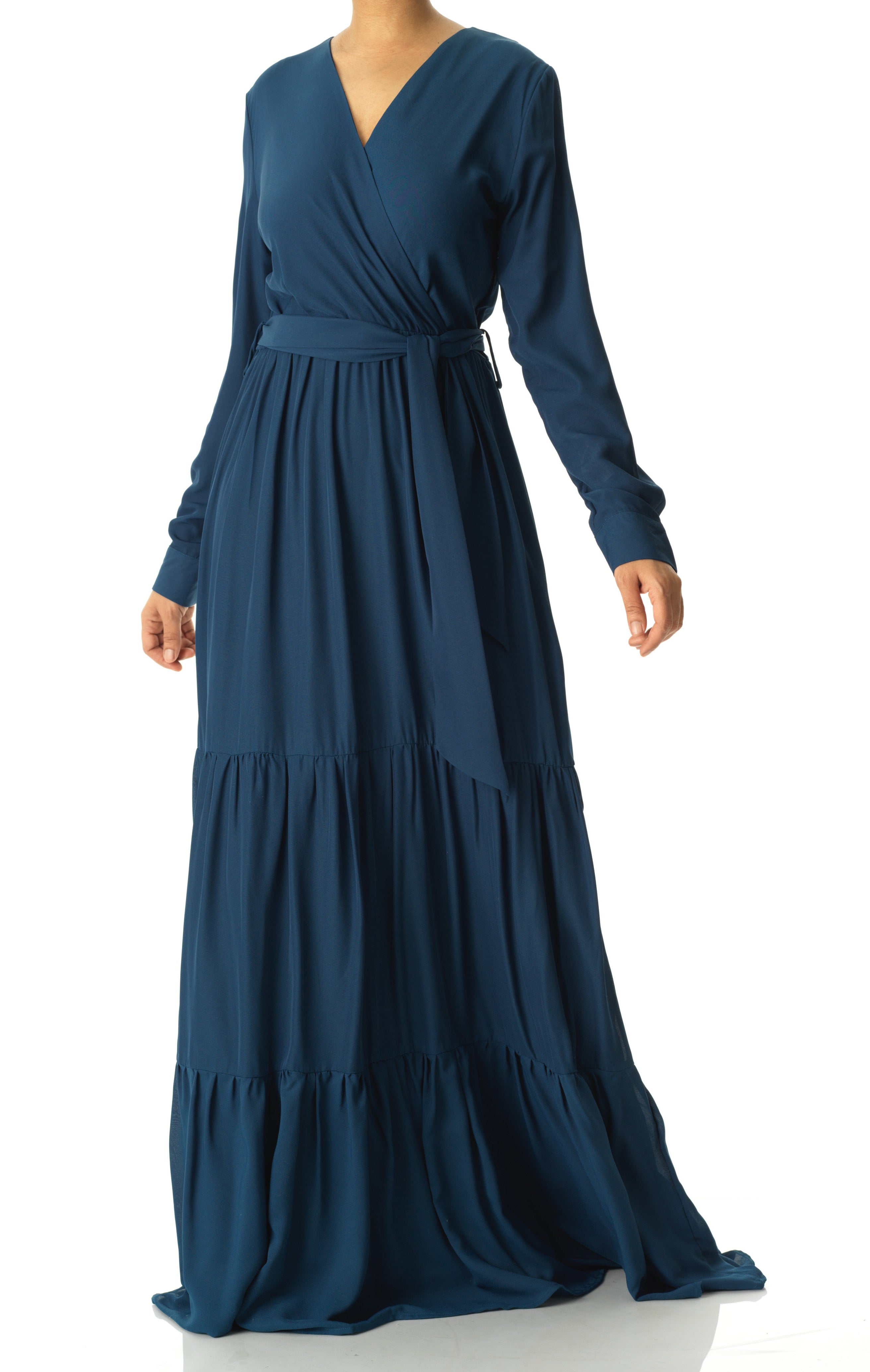 Solid V-neck chiffon tiered maxi dress Kabayare