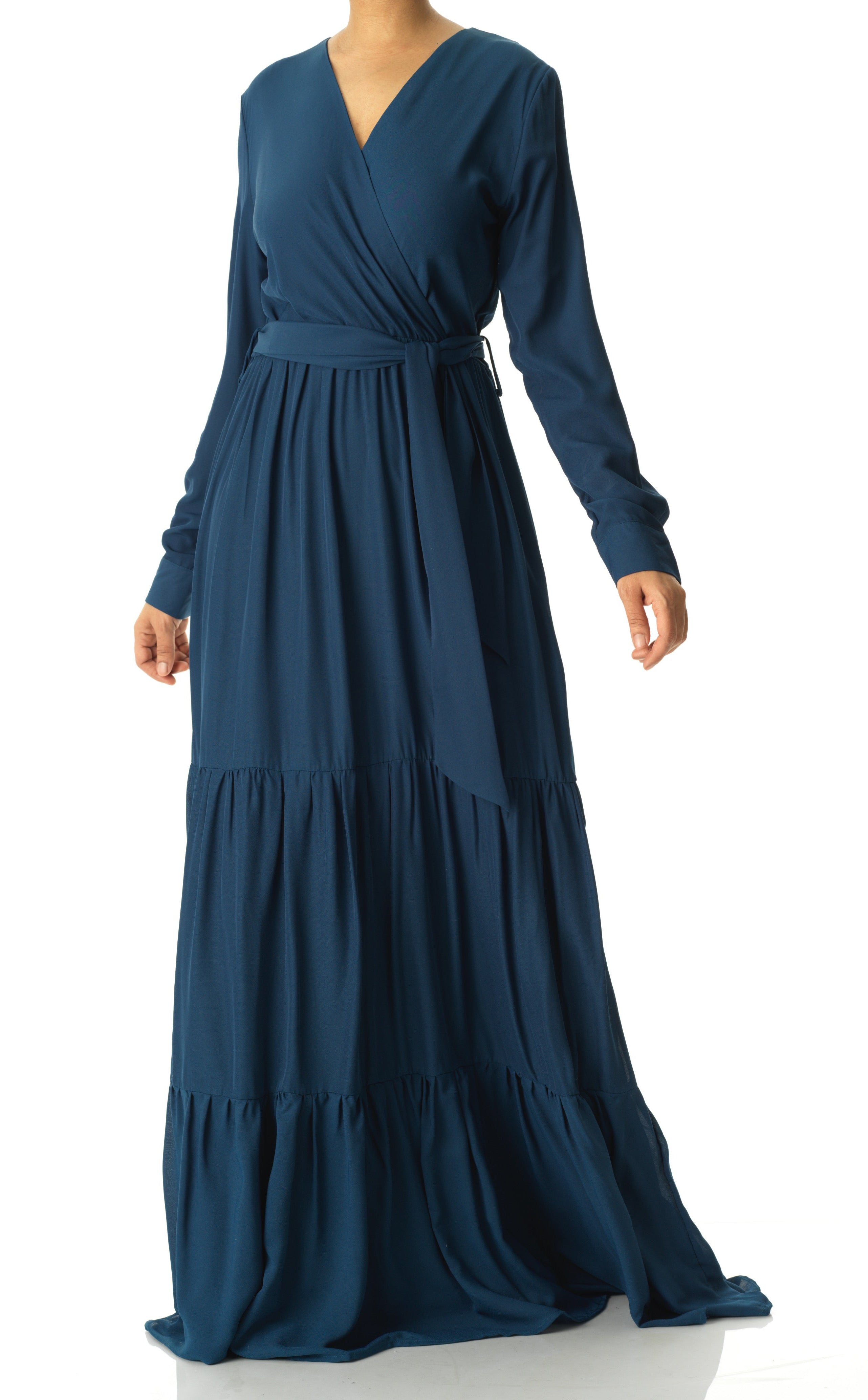 Solid V-neck chiffon tiered maxi dress Kabayare