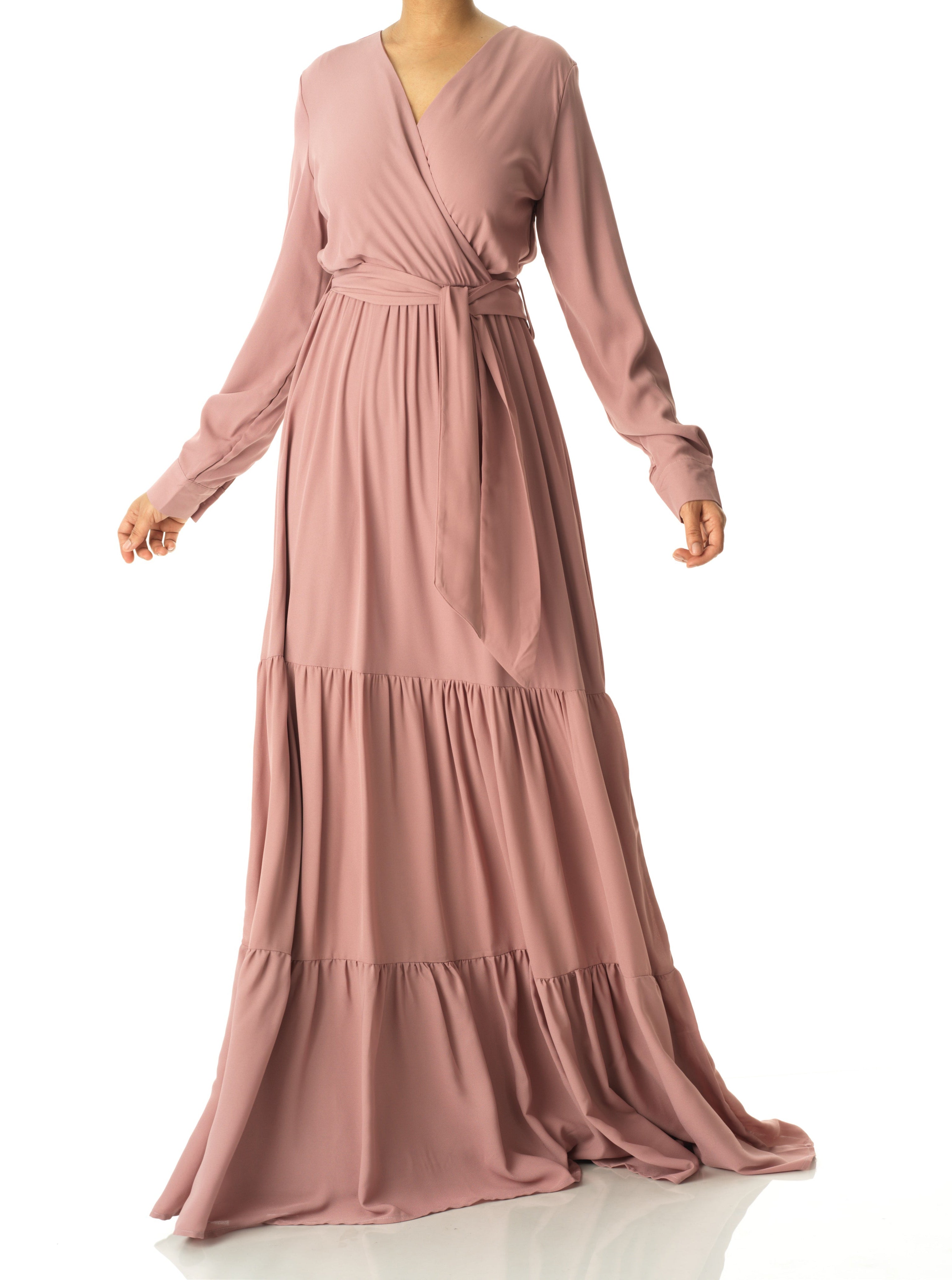 Solid V-neck chiffon tiered maxi dress Kabayare
