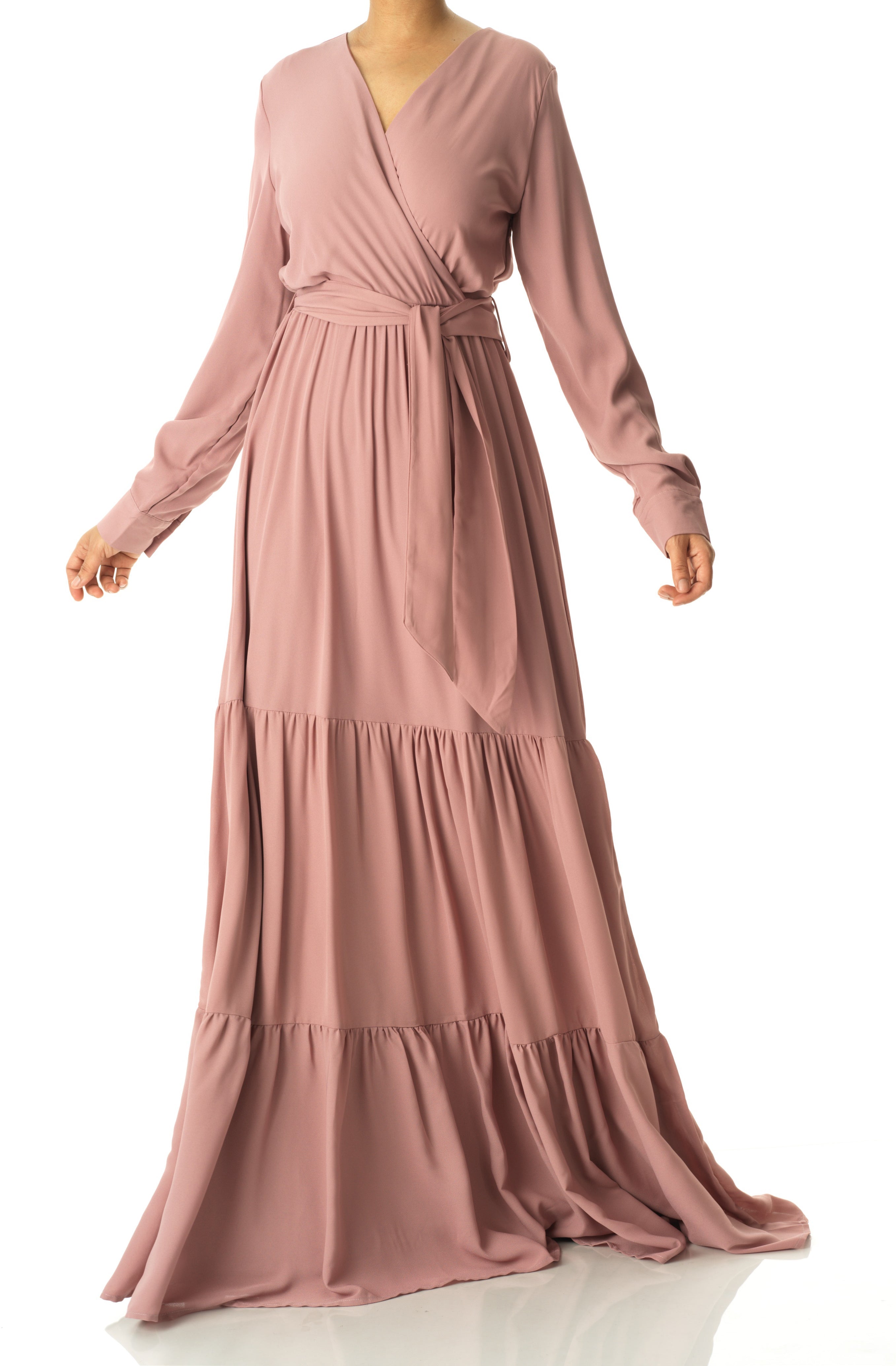 Solid V-neck chiffon tiered maxi dress Kabayare