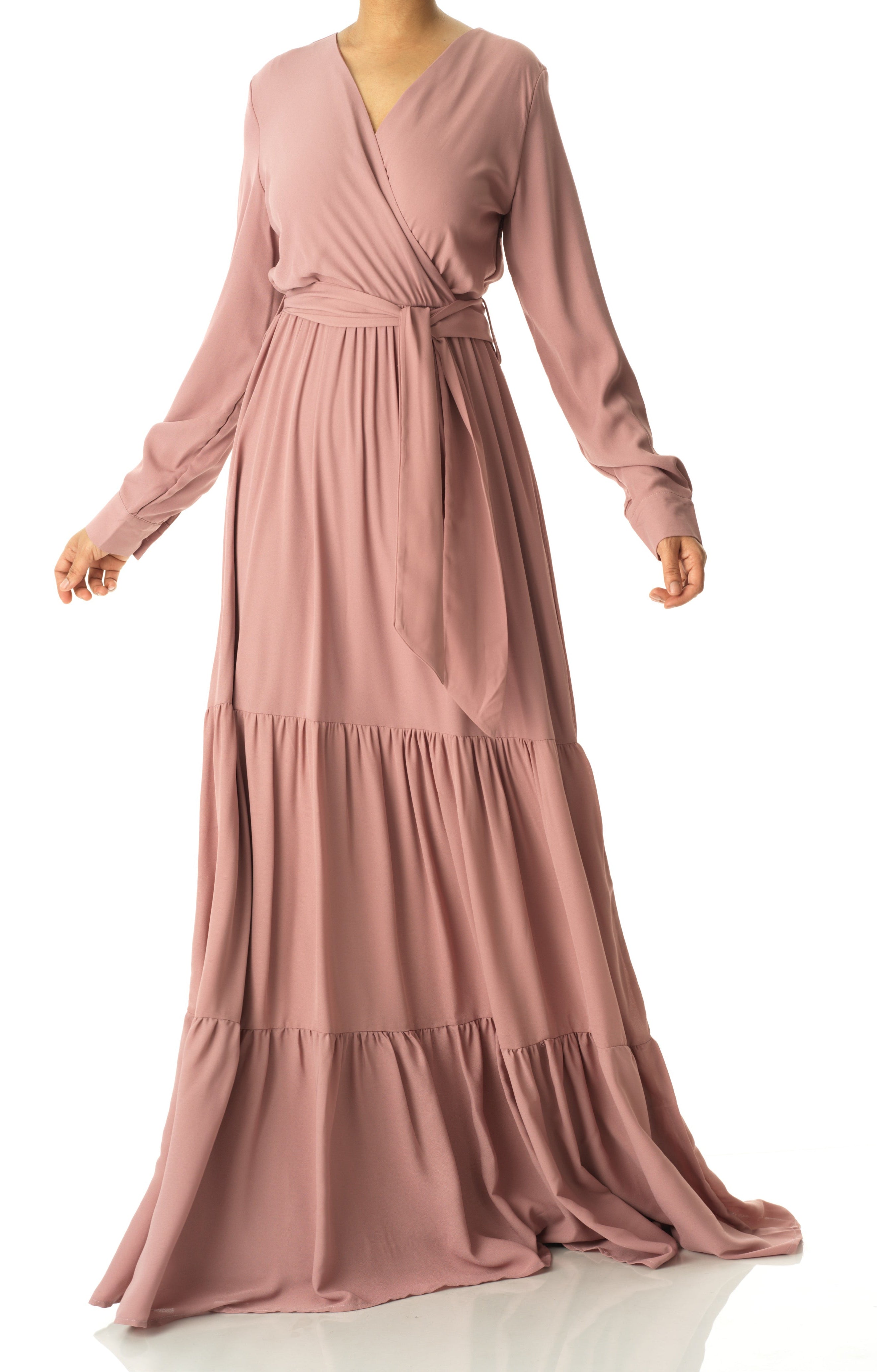 Solid V-neck chiffon tiered maxi dress Kabayare