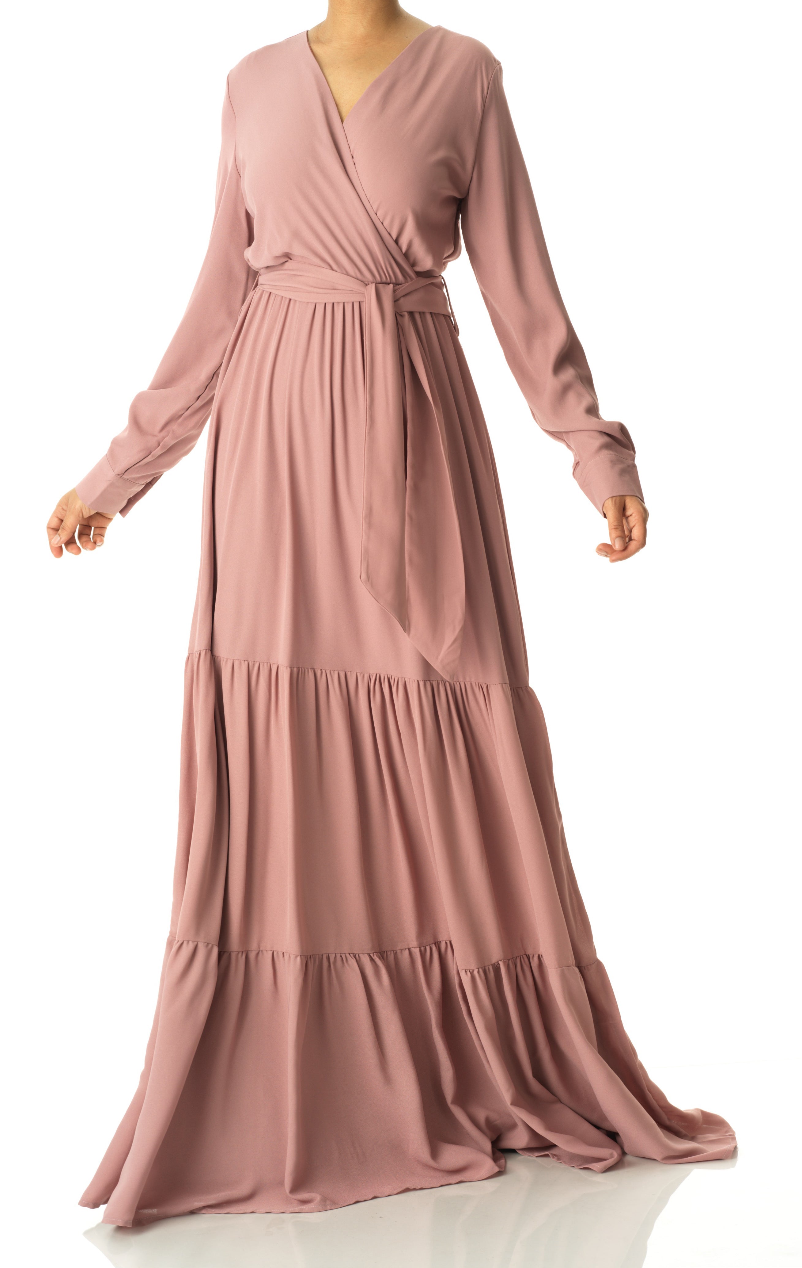 Solid V-neck chiffon tiered maxi dress Kabayare