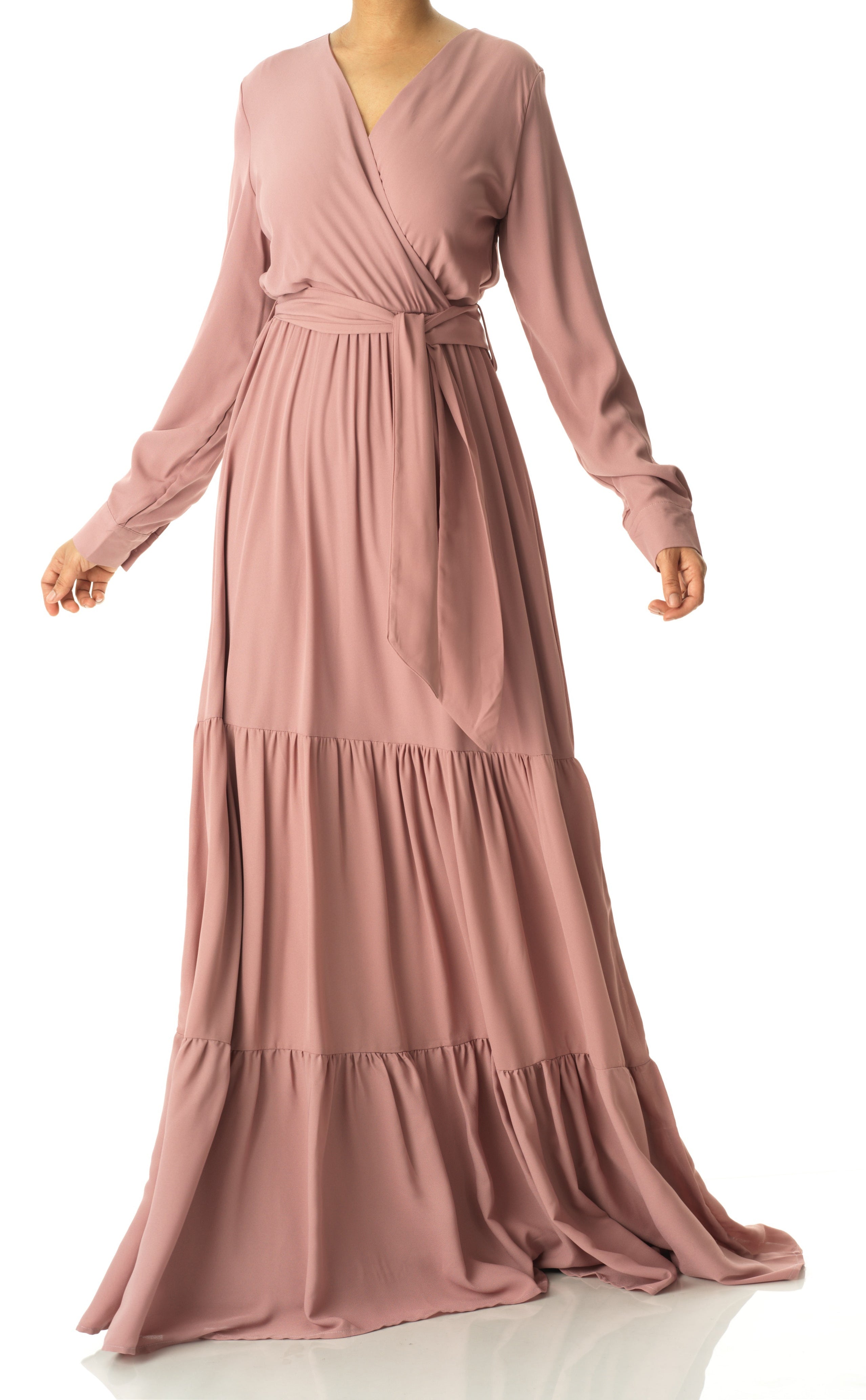 Solid V-neck chiffon tiered maxi dress Kabayare