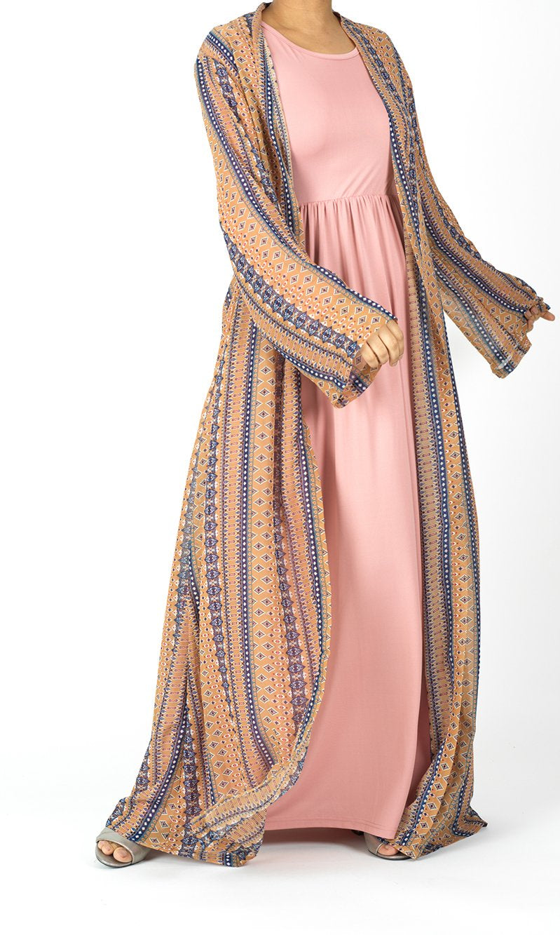 Tan Boho print Maxi Cardigan Kabayare