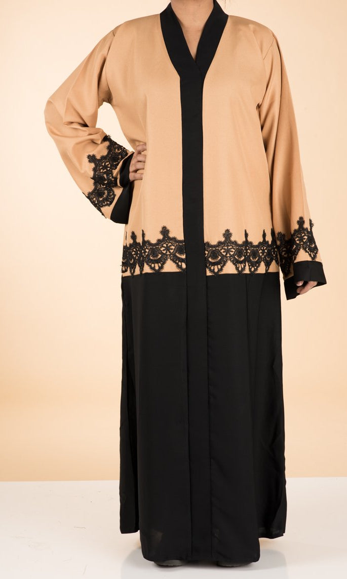 Tan color-block lace Abaya Kabayare