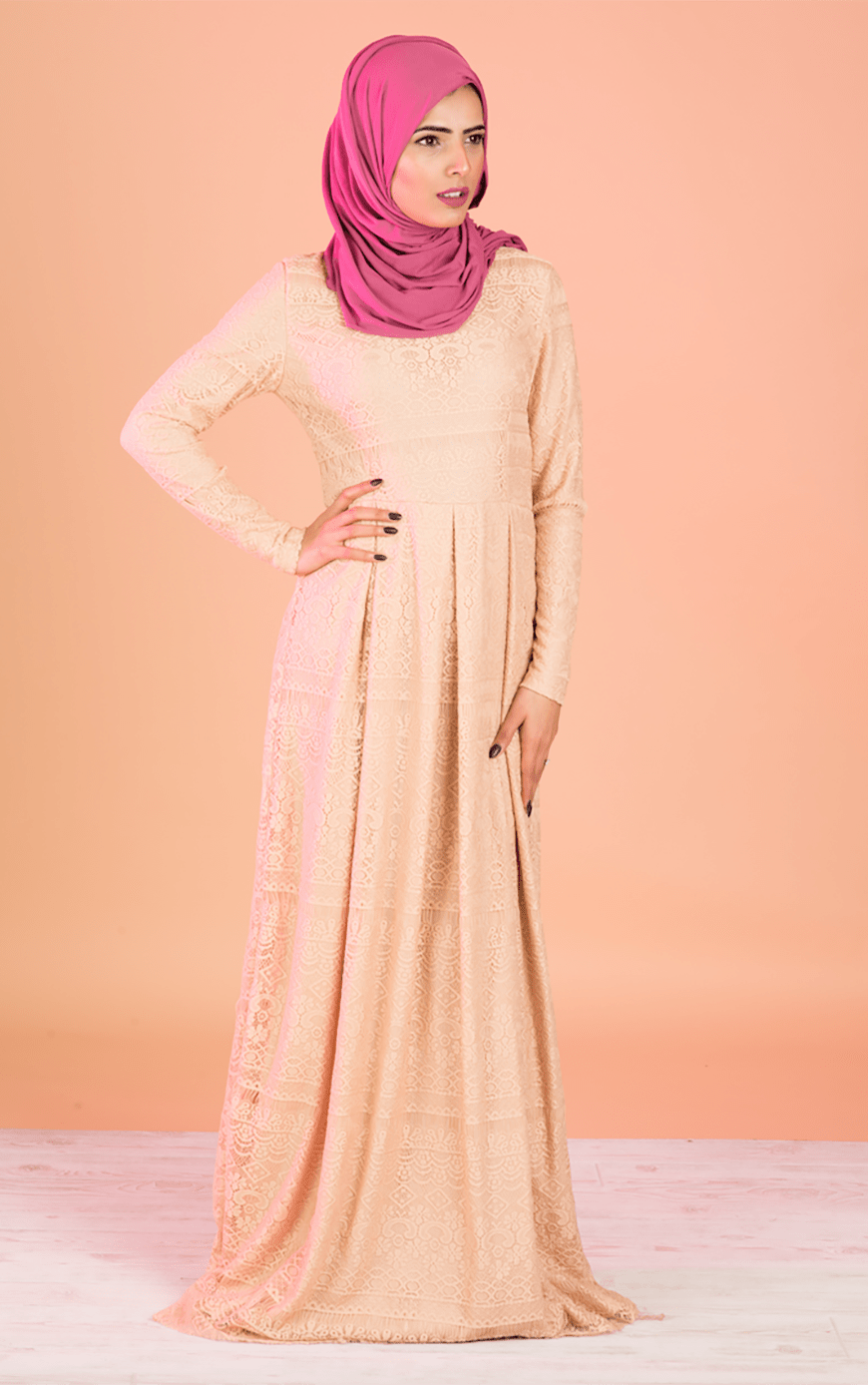 Tan eyelash pattern lace dress Kabayare