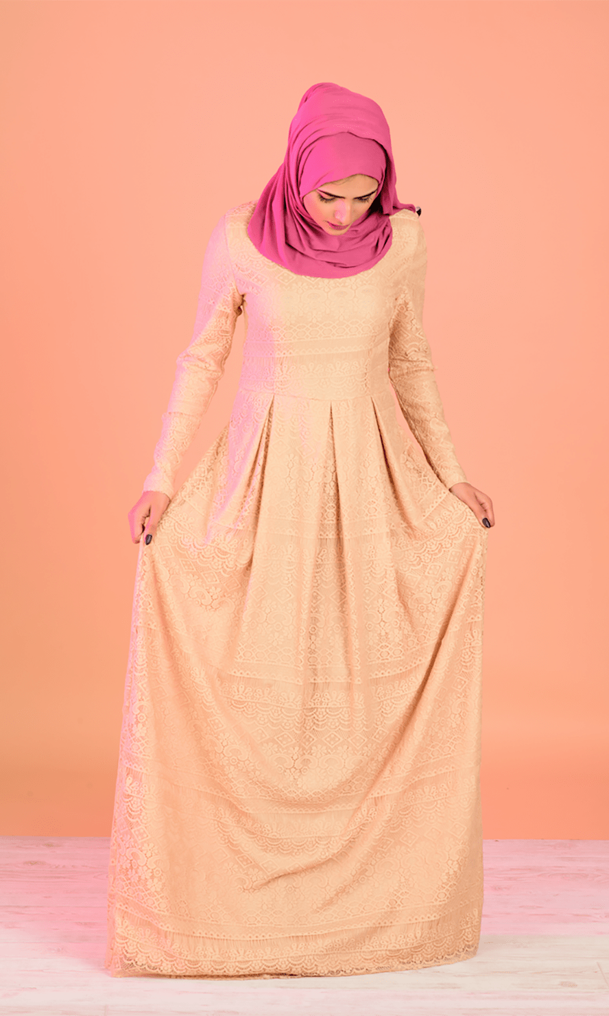 Tan eyelash pattern lace dress Kabayare