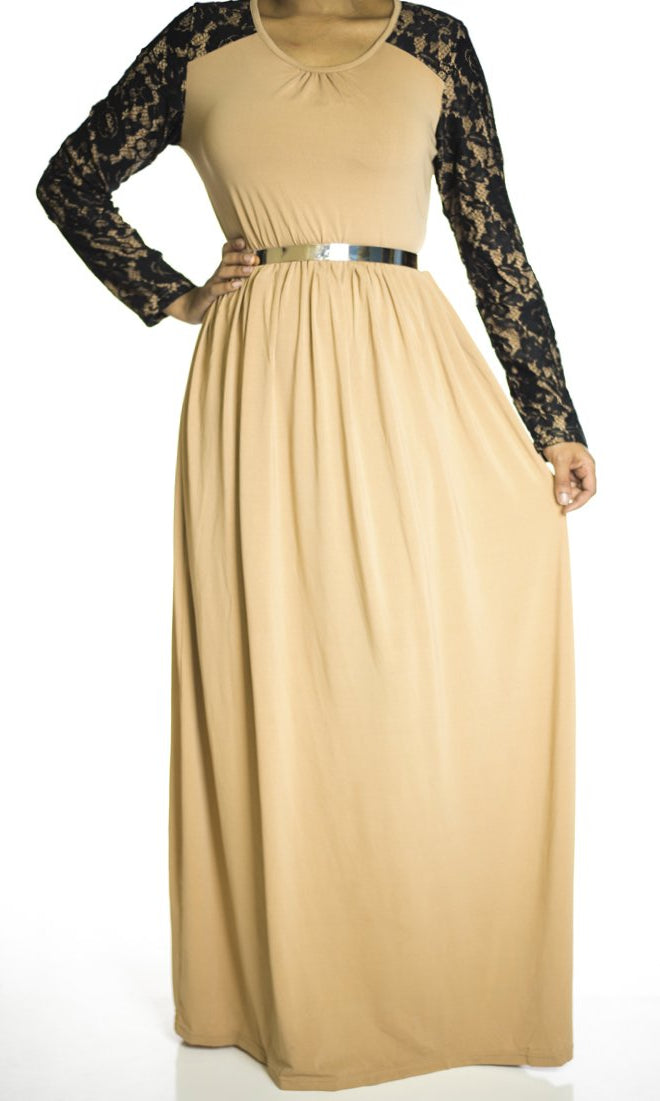 Tan Lace Sleeve maxi dress Kabayare