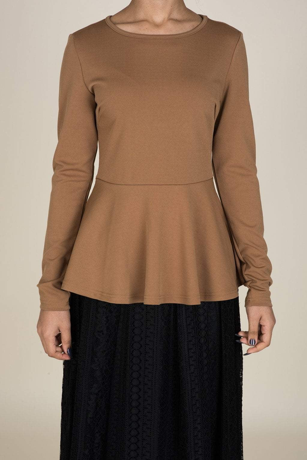 Tan Long Sleeve Peplum Top Kabayare