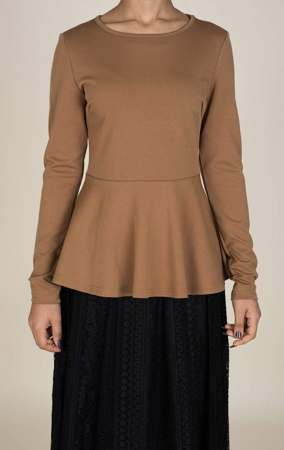 Tan Long Sleeve Peplum Top Kabayare