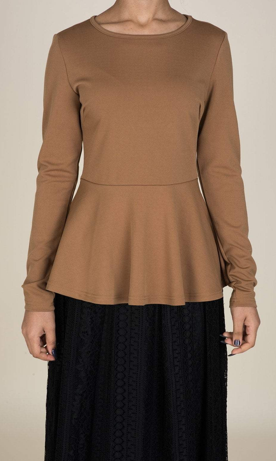 Tan Long Sleeve Peplum Top Kabayare