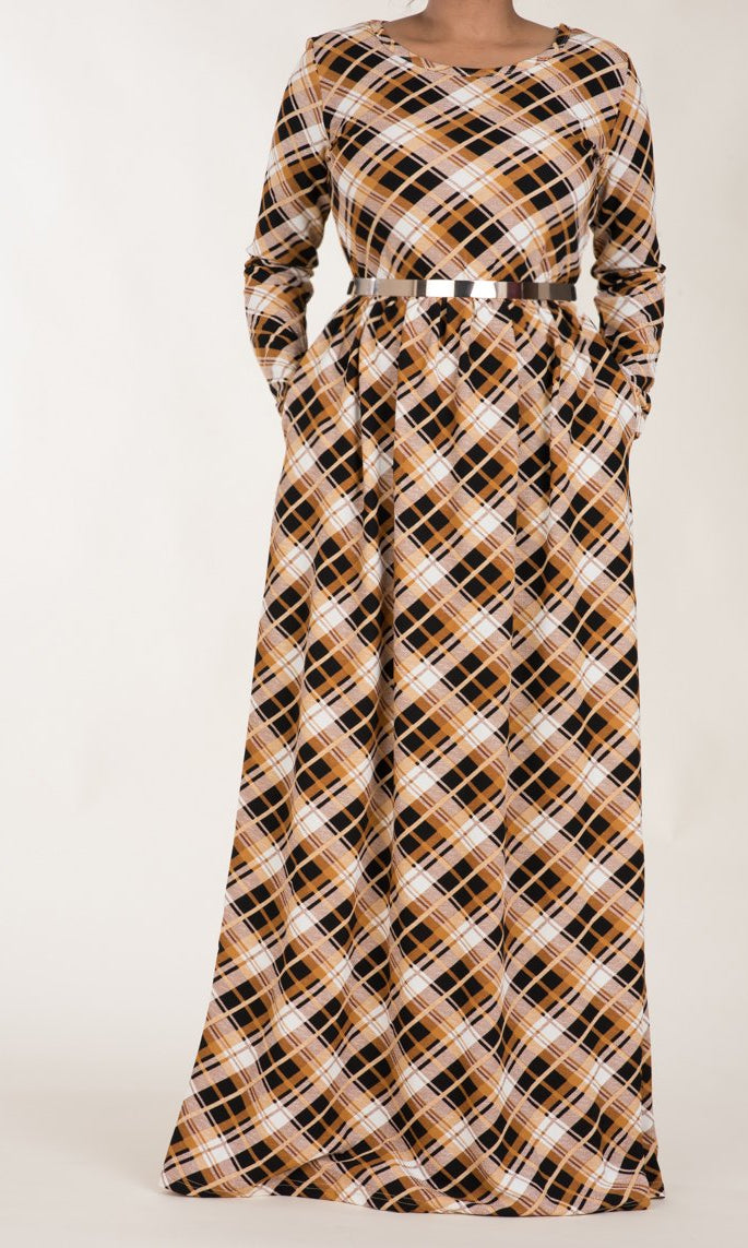 Tan Plaid Textured Print Dress Kabayare