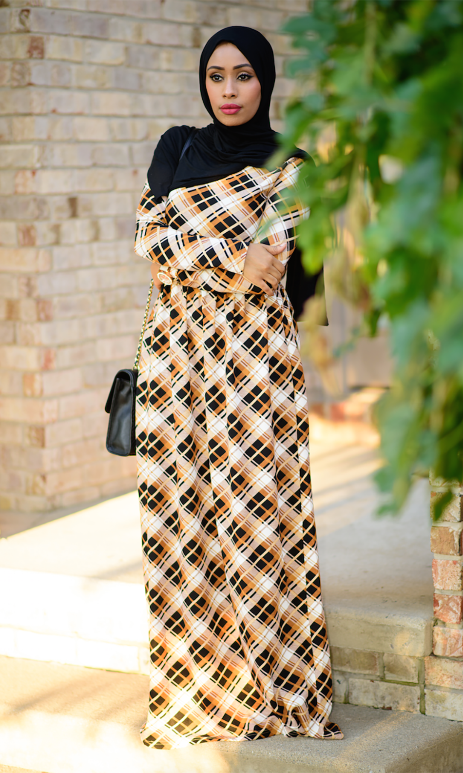 Tan Plaid Textured Print Dress Kabayare