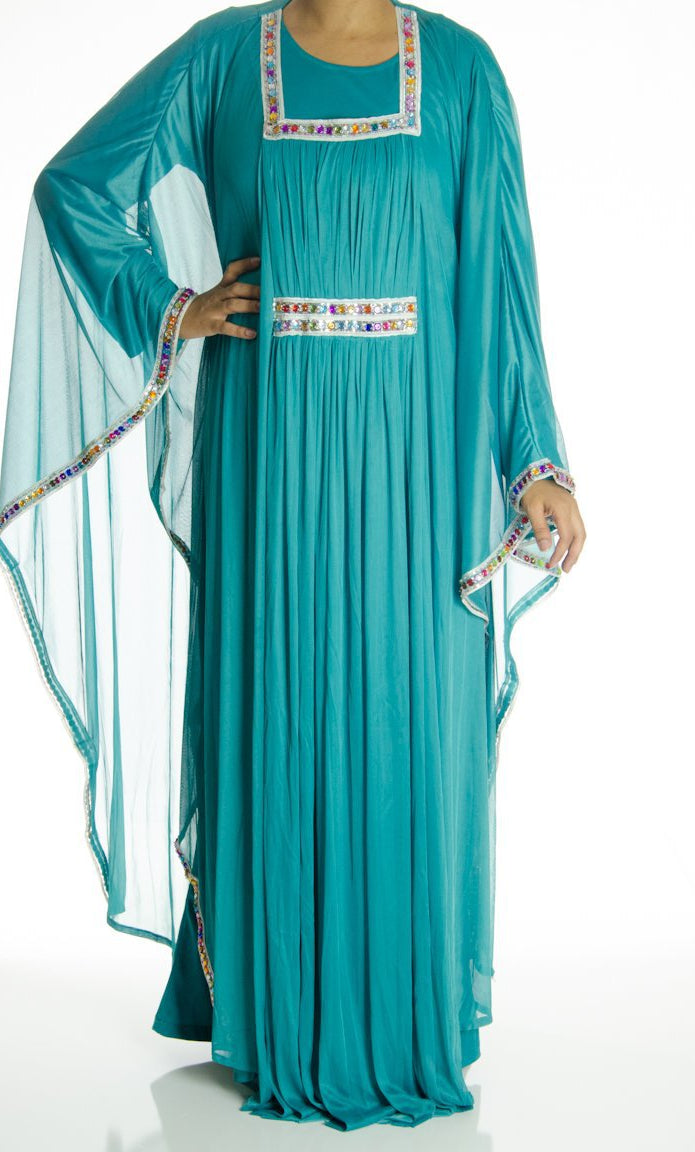 Teal Blue 2-Piece Bedazzle Kaftan Dress Kabayare