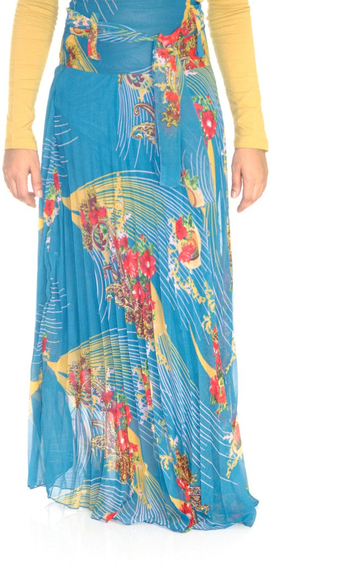 Teal Floral Pleated Maxi Skirt Kabayare