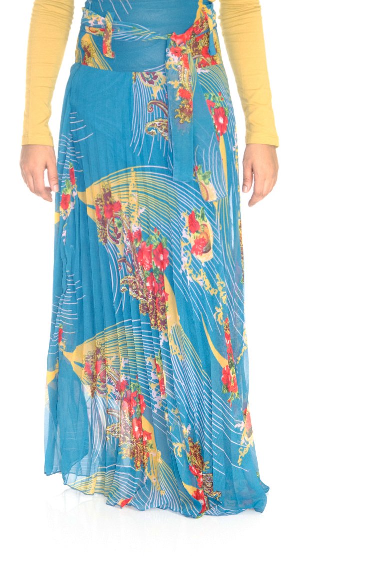 Teal Floral Pleated Maxi Skirt Kabayare