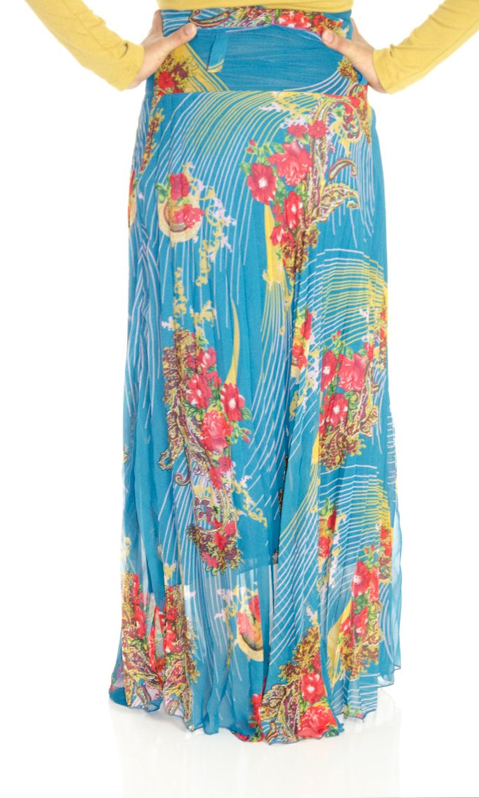 Teal Floral Pleated Maxi Skirt Kabayare