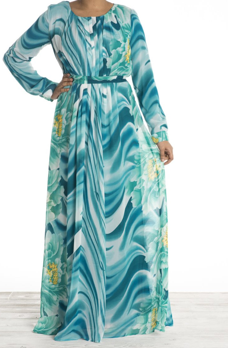 Teal Floral Waves Chiffon Dress Kabayare
