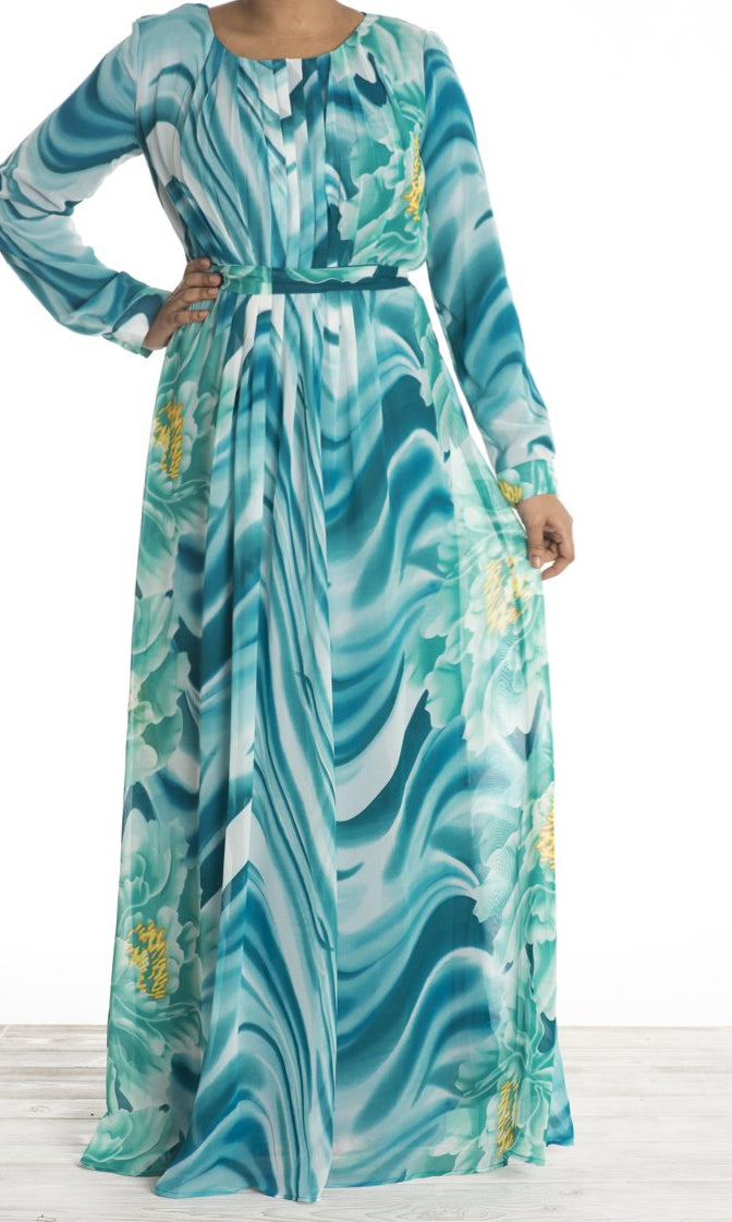 Teal Floral Waves Chiffon Dress Kabayare