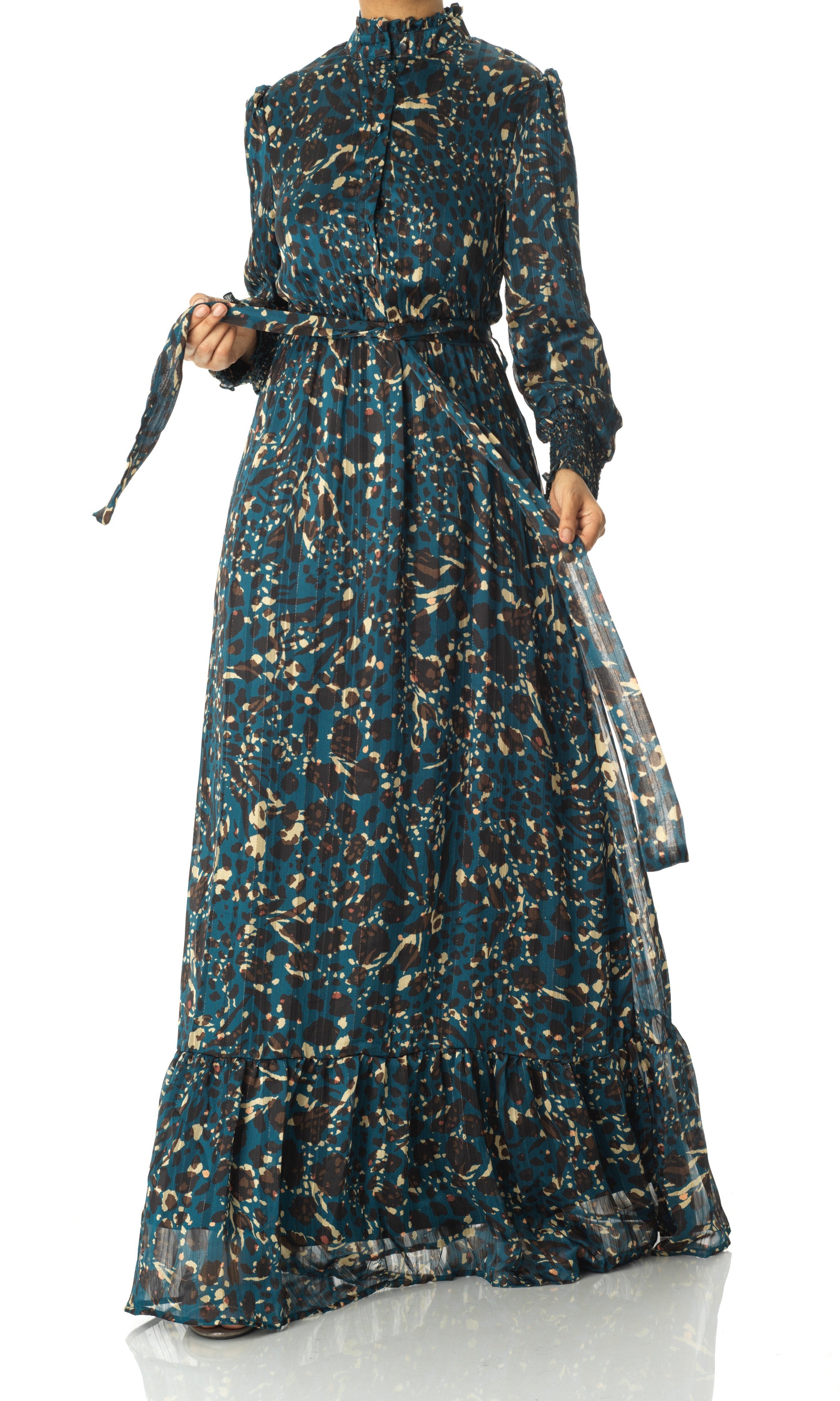 Teal Golden details leopard sleeve maxi dress Kabayare